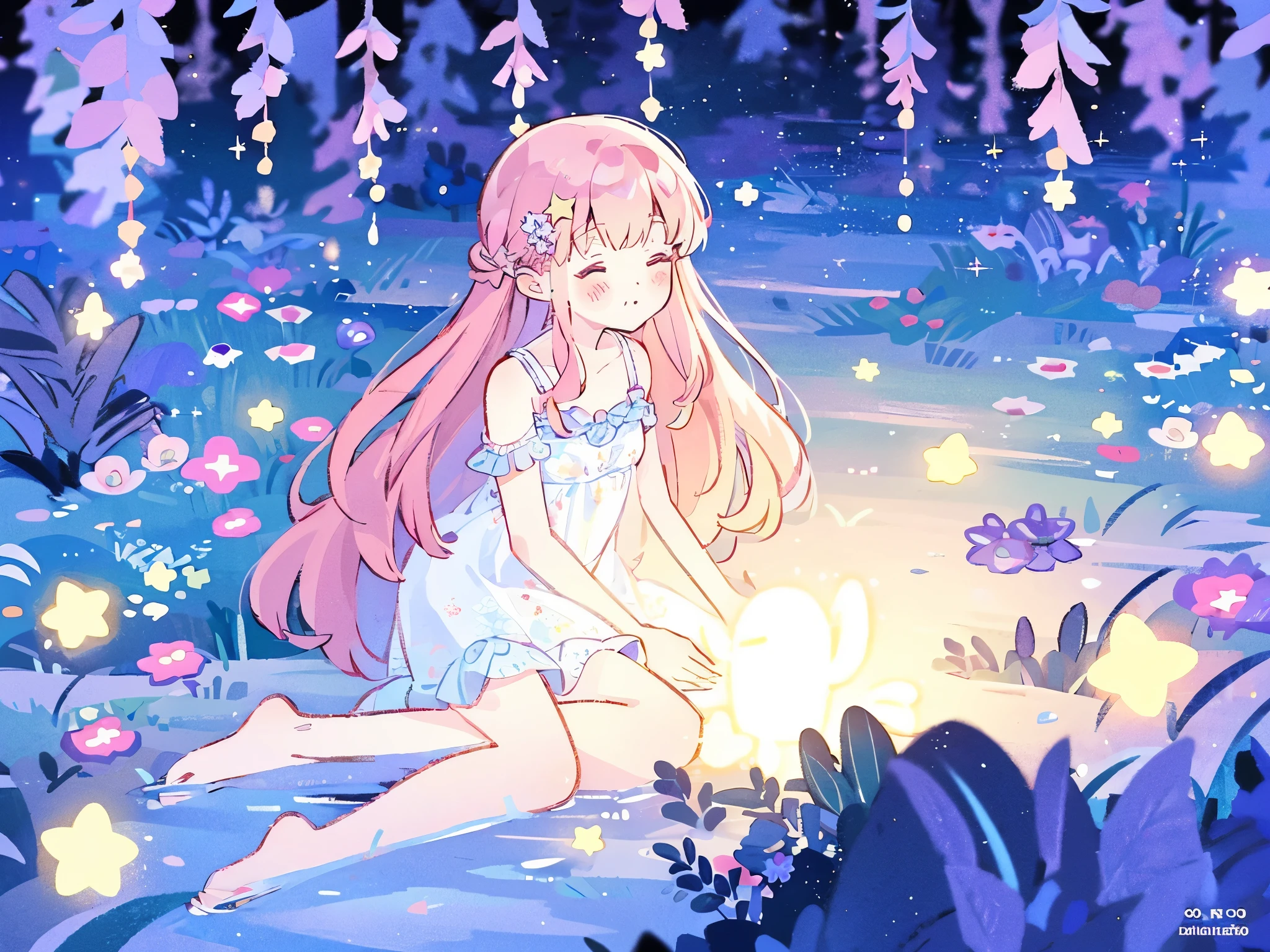 complex background, wishing star background, a woman wearing an ethereal mystical pink translucent dress that reflects the stars, perfume promo art, mystic, complex drawing, highly detailed, Covergirl brand, promo art, artistic rendition, ethereal, starry night, midjourney style, flowers, plants, magical star garden
