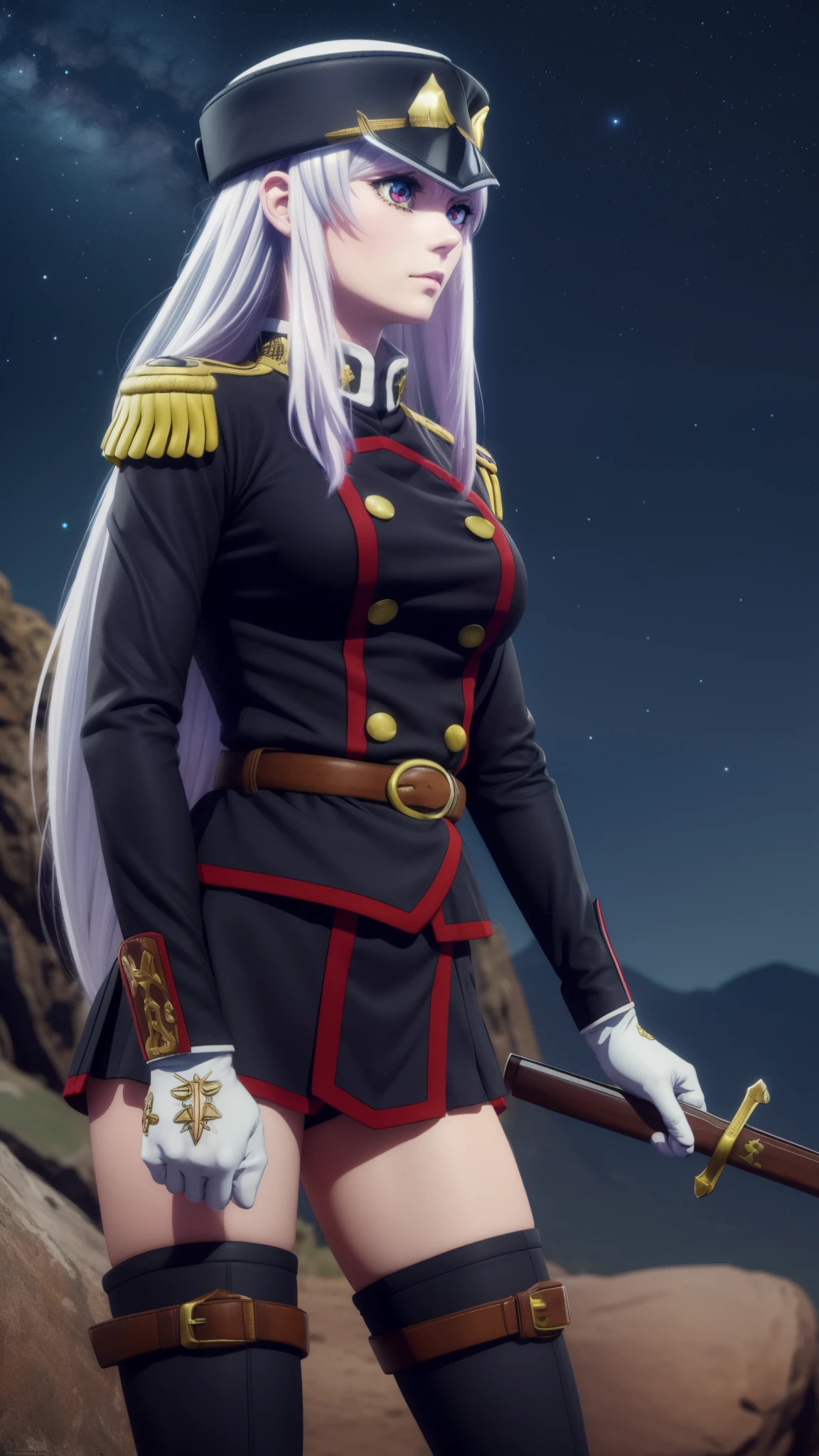 kyoukauzen, kyouka uzen, long hair, (red eyes:1.3), very long hair, white hair,
BREAK thighhighs, gloves, hat, boots, belt, sword, uniform, zettai ryouiki, military, military uniform, thigh boots, shako cap,
BREAK outdoors, space, starry sky, star \(sky\), moon,
BREAK looking at viewer, (cowboy shot:1.5),
BREAK (masterpiece:1.2), best quality, high resolution, unity 8k wallpaper, (illustration:0.8), (beautiful detailed eyes:1.6), extremely detailed face, perfect lighting, extremely detailed CG, (perfect hands, perfect anatomy),