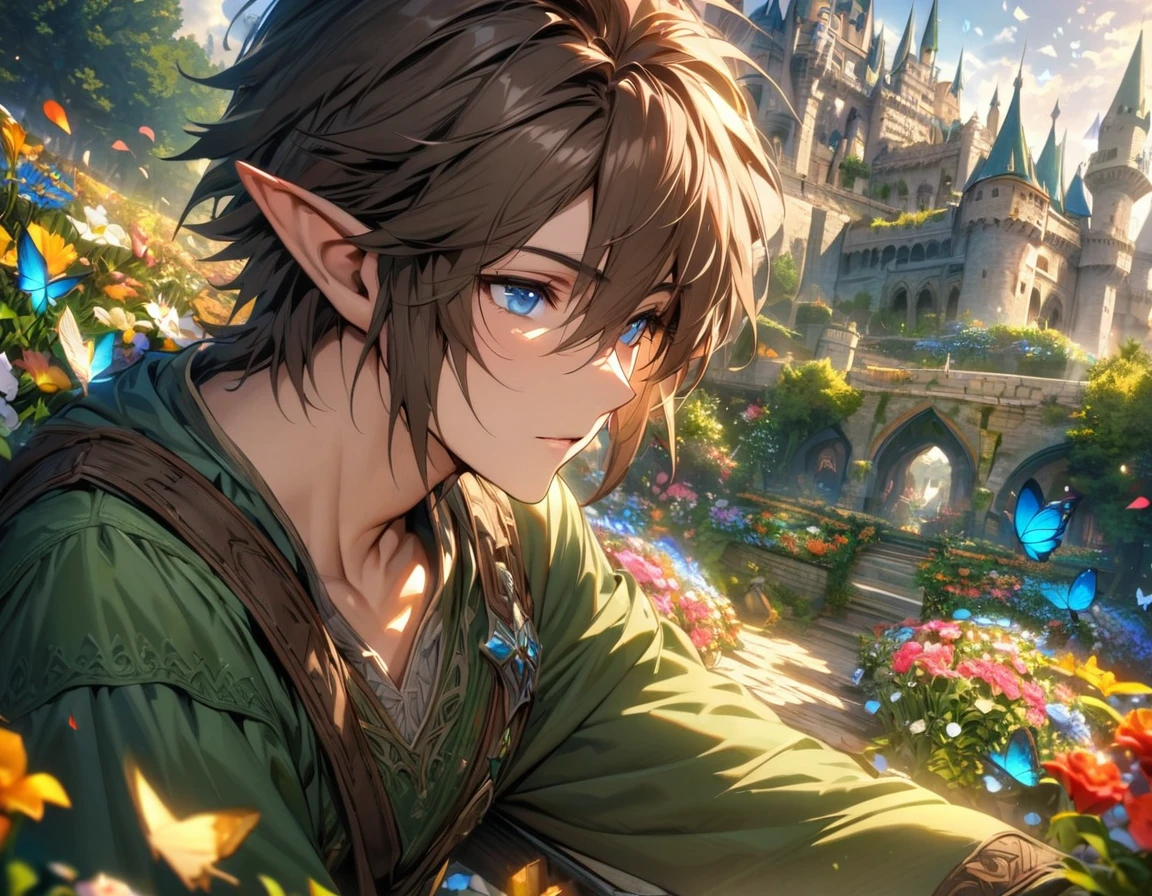 absurdres, highres, ultra detailed, HDR), masterpiece, vibrant blue eyes, Link, dark brown short hair, hair between the eyes, green tunic, The legend of zelda twilight princess, 1man, handsome, elf, castle, flower garden, butterflies, petals