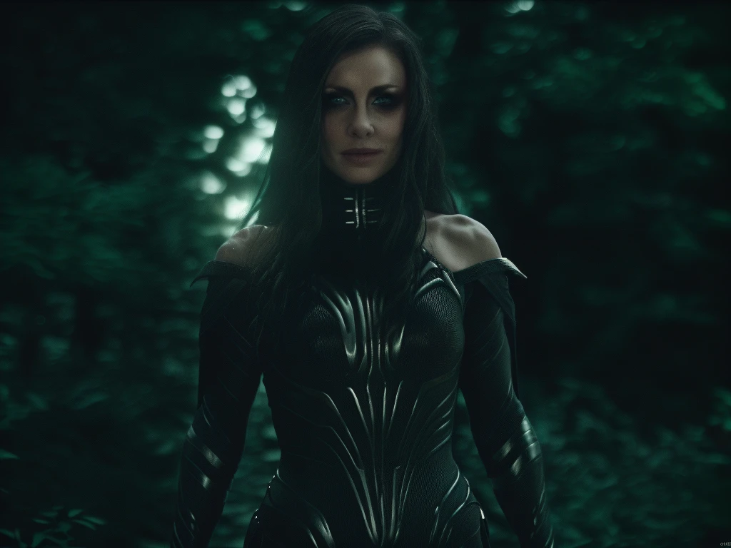 Best_QualityPos, RAW photo, intricate details, best quality, 8k uhd, soft lighting, 1girl, solo, black hair, long hair, armor, bare shoulders, Blue eyes, forest
