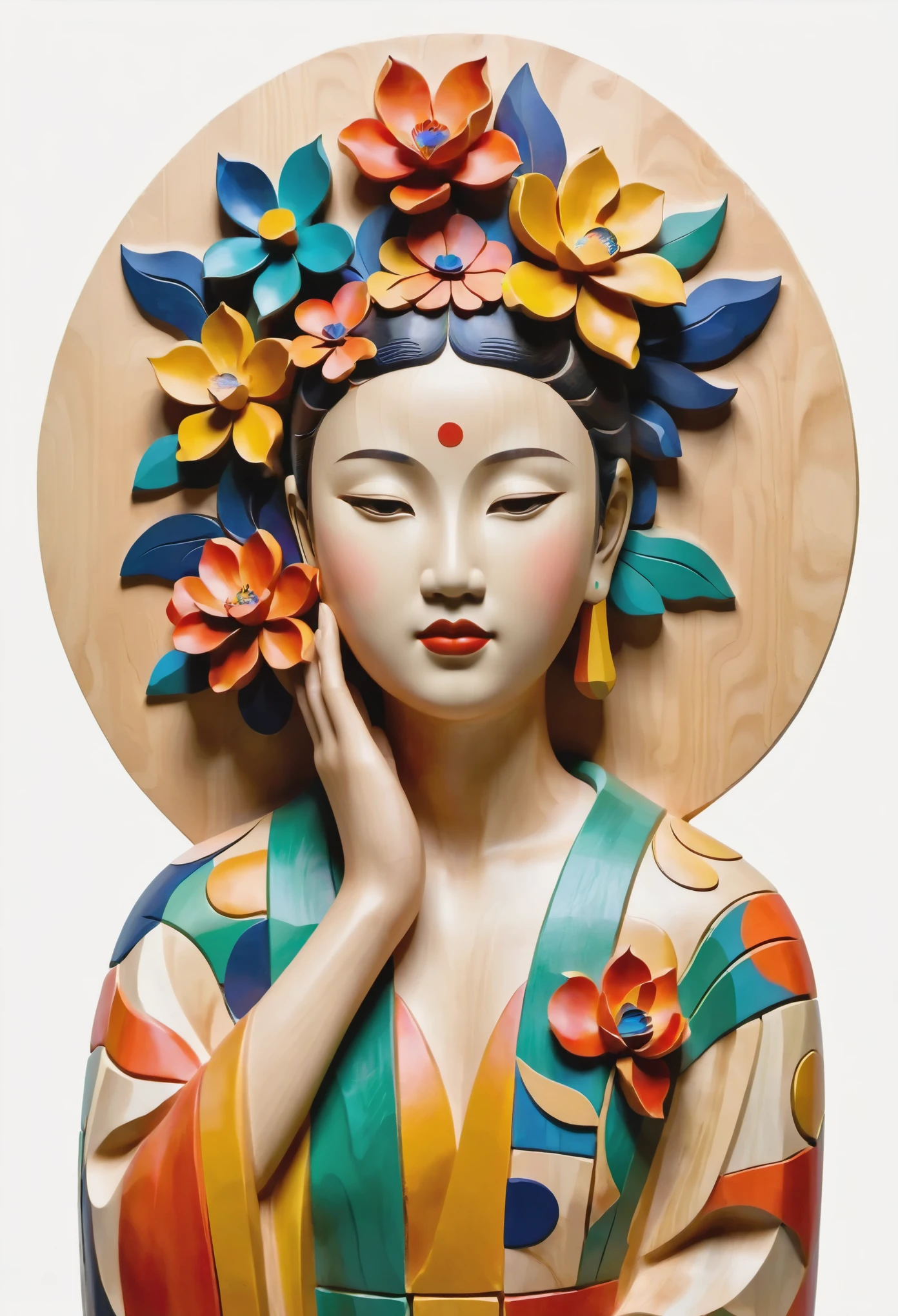 A colorful wood carving of an Asian woman with her hands on face, wearing a floral dress, white background, in the style of John Klassen. EArrangei and Morandi colors, organic shapes, geometric patterns, in the style of Uemura Shoen. Drops of paint on a wooden figure in the style of Matisse. In the style of cubism, art deco, pop surrealistic figures, folk inspired illustrations, pastel color palette, bright white background, no shadows.