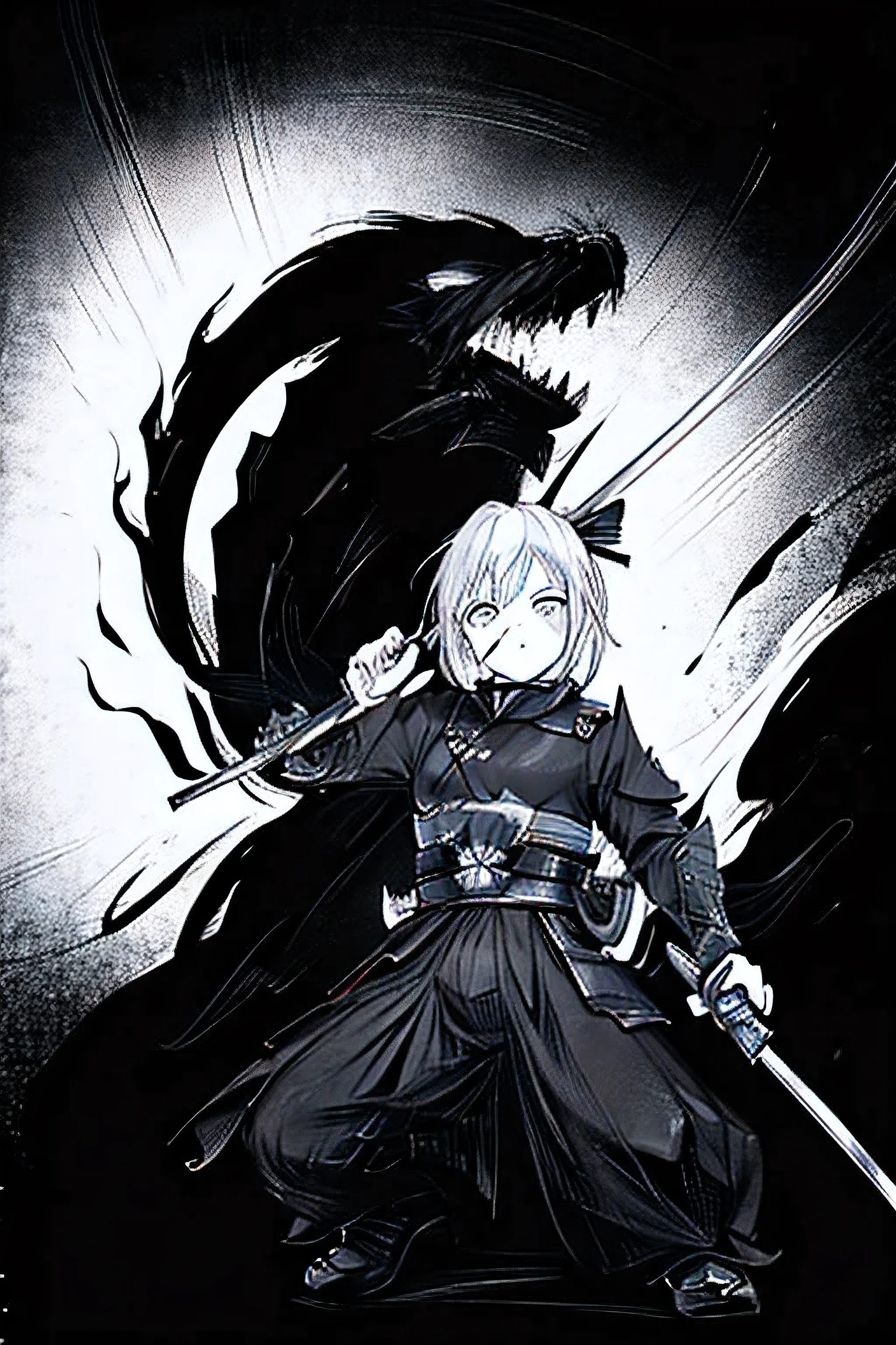 monochrome, manga, black paper, white lines, black background, anime, samurai, samurai armor, holding katana, fury face, white blood.