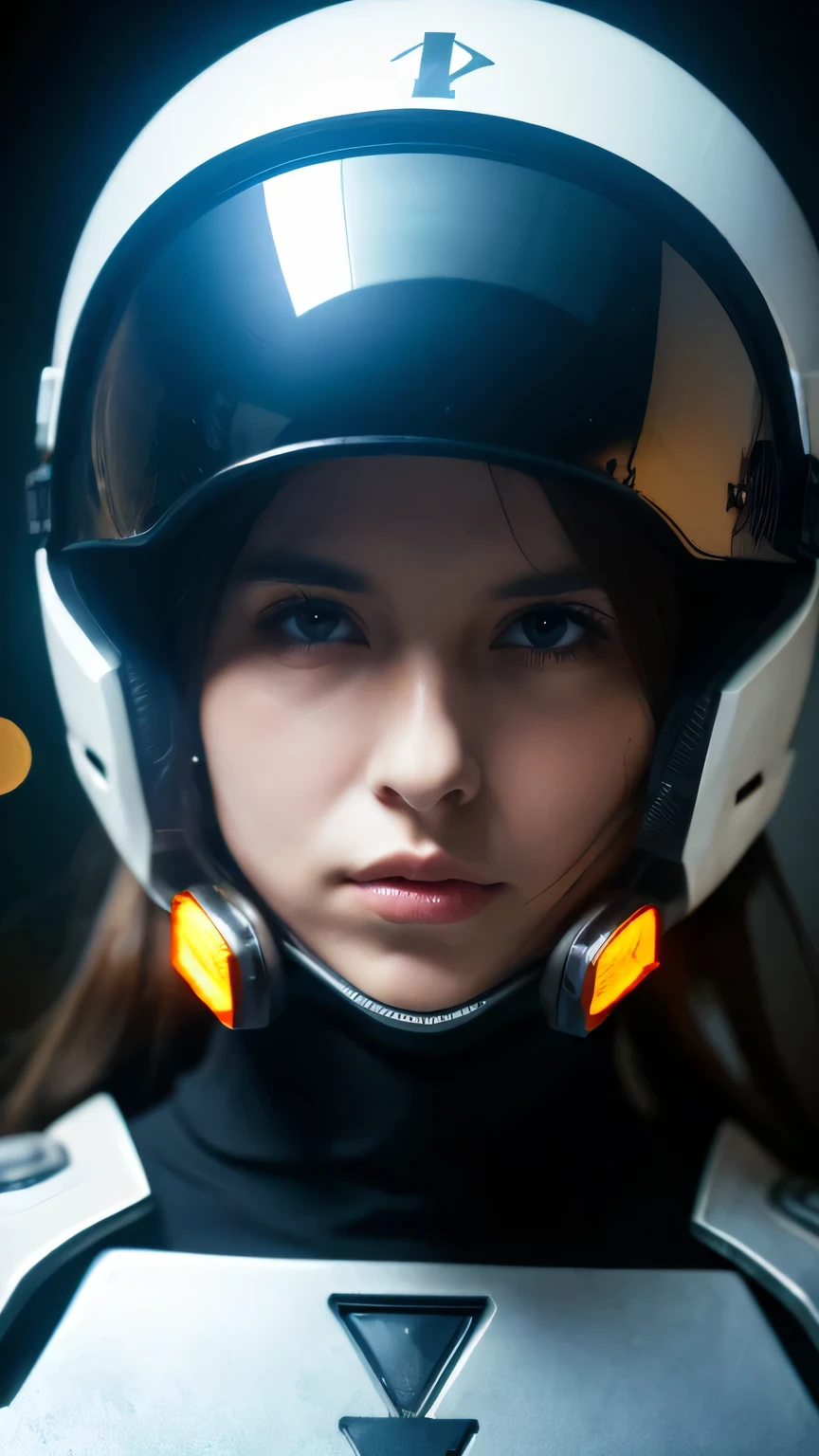 masterpiece, 最high quality, , (alone), 1 girl, look up, dim light, , horizon_(apex legend), goggles, blue eyes, brown hair, gauntlet, shoulder armor, (Mecha Helmet), (science_fiction), outdoor, street, neon light, cyber punk, masterpiece, 最high quality, high quality, High resolution, (((close up of face)))
