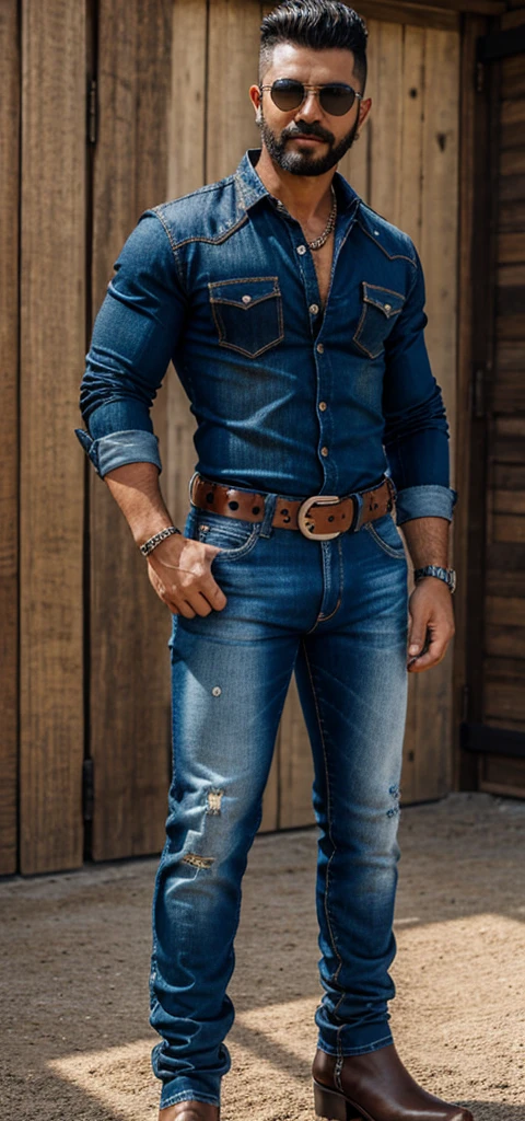 Hombre guapo , musculoso con botas jeans vaquero desgarrados, large belt with studs, camisa negra vaquera, montado a caballo,  con gafas obra maestra, ultra realista, gran detalle, 8k 