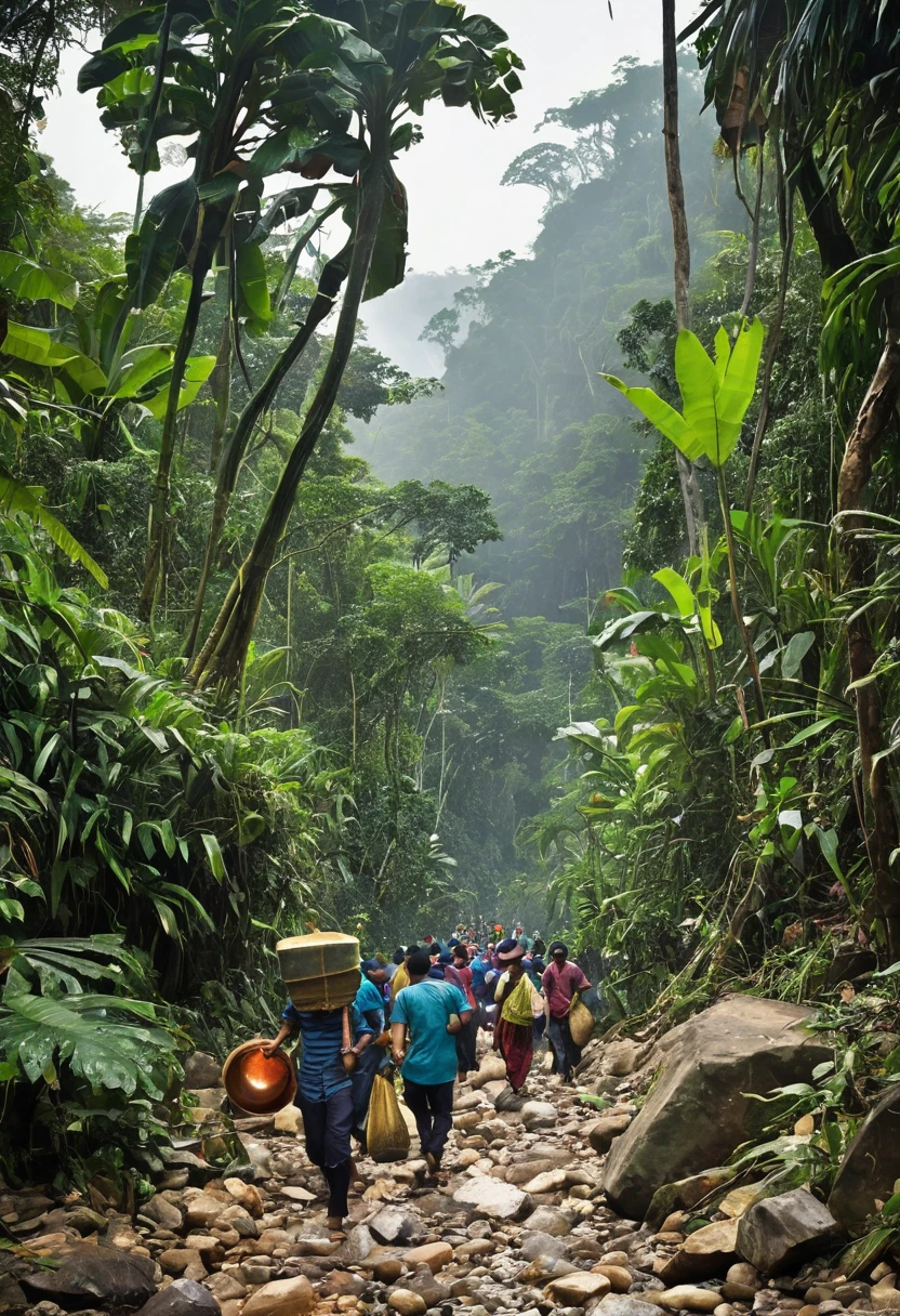 In search of gems, people rush through the jungle,