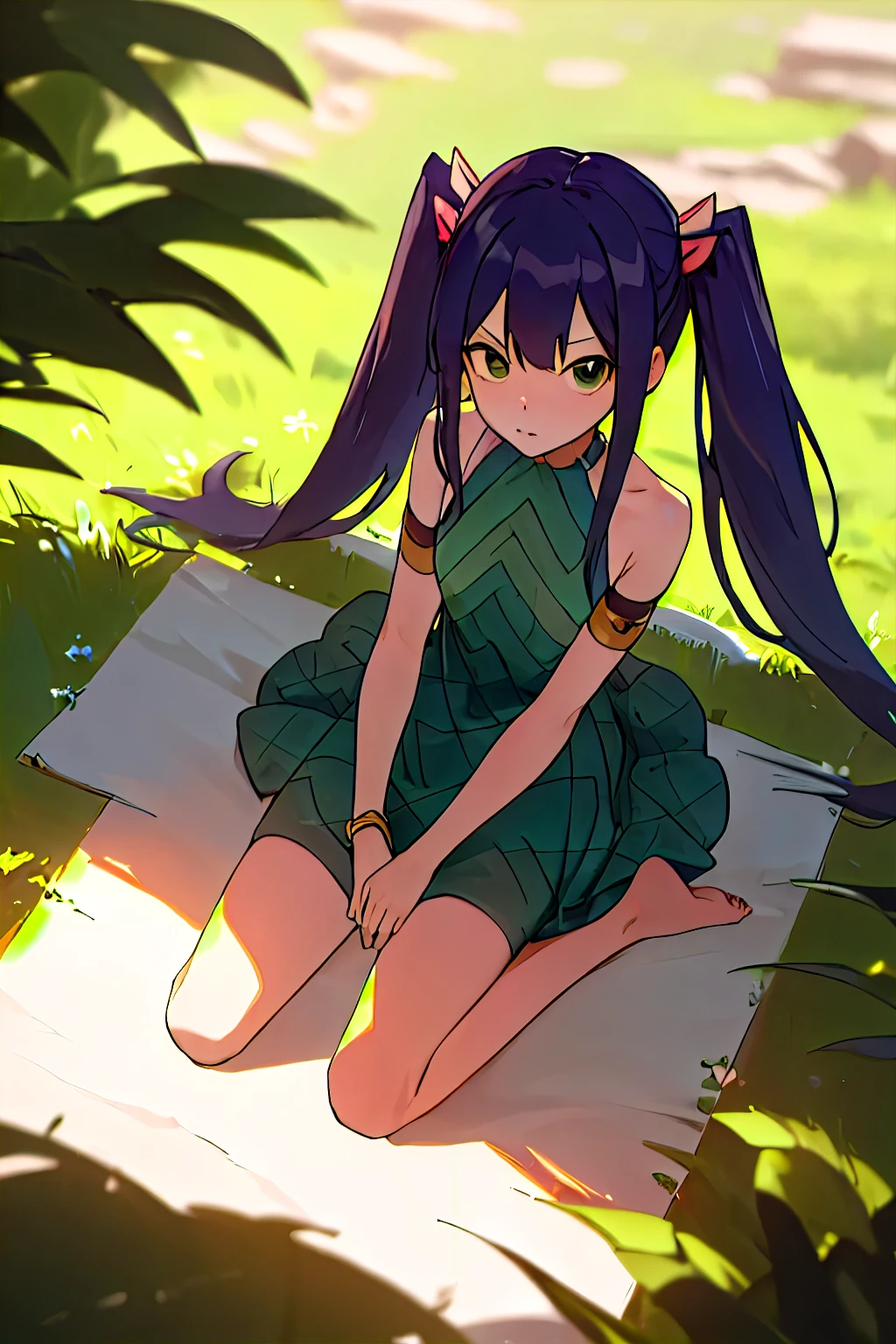 (masterpiece, best quality:1.2), extremely detailed, soft ambient lighting, sharp focus, 4K, BREAK 1girl, solo, aawendy, long hair, twintails, hair ornament, bare shoulders, green dress, sleeveless dress, armlet, bracelet, BREAK outdoors, nature, field, looking at viewer, sitting on floor, from above