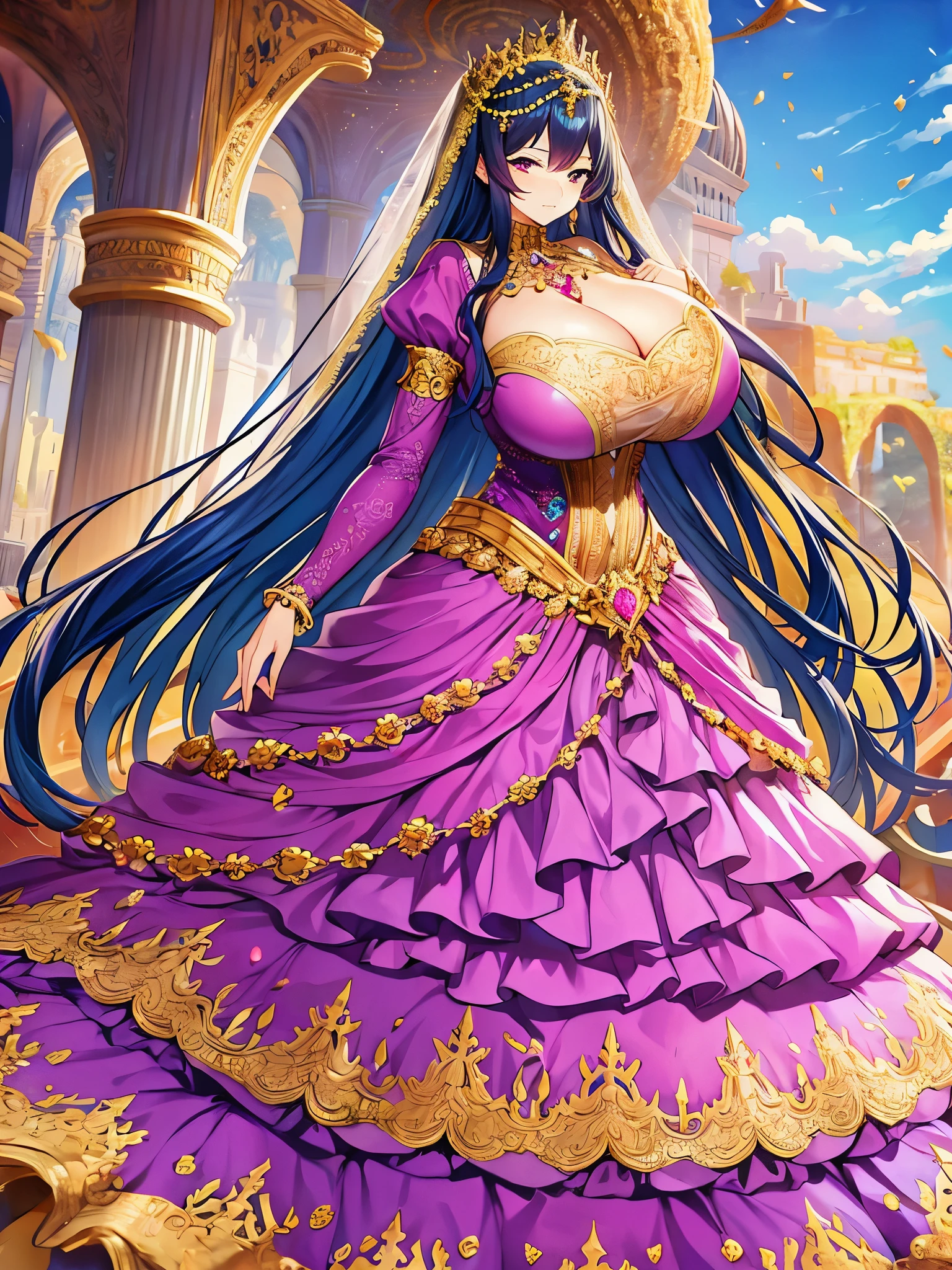 ((anime artstyle)),(Masterpiece),(Best Quality), (Super Detail),(((Very Delicate and Beautiful))),Solo,full body,((full body portrait)),((1 bling-bling gorgeous princess in beautiful embroidery and bling-bling jeweled gorgeous rococo ballgown)),((((absurdly gigantic tits)))),(((cleavage,curvy))),Skindentation,detailed face and eyes,jewel-like eyes,((castle,outdoor)),((crinoline,long train)),gorgeous princess rococo ballgown with voluminous full length hoop skirt and long train,(((bling-bling gorgeous rococo ballgown with beautiful embroidery and bling-bling jeweled))),((large amount of straight hair, absurdly long hair,Very Long Straight Hair)),extremely gorgeousfull hair ornament,(bling-bling extremely gorgeousfull jeweled tiara),luxurious jewelry,full body,((beautiful embroidery and jeweled bling-bling gorgeous rococo ballgown))