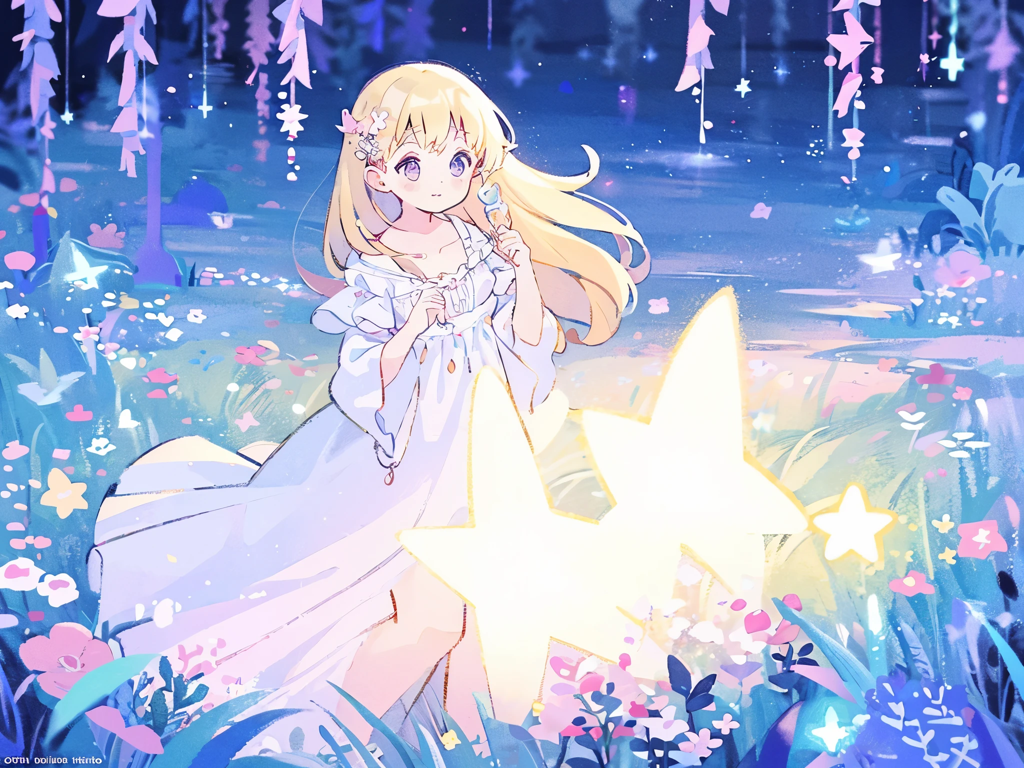 complex background, wishing star background, a woman wearing an ethereal mystical pink translucent dress that reflects the stars, perfume promo art, mystic, complex drawing, highly detailed, Covergirl brand, promo art, artistic rendition, ethereal, starry night, midjourney style, flowers, plants, magical star garden