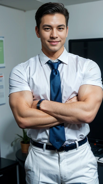 Muscular man wearing a tight black buisness suit and tie. There is a noticeable bulge where his penis is underneath his pants. He had a stuble and is smiling sexy. He is stripping his clothes off him