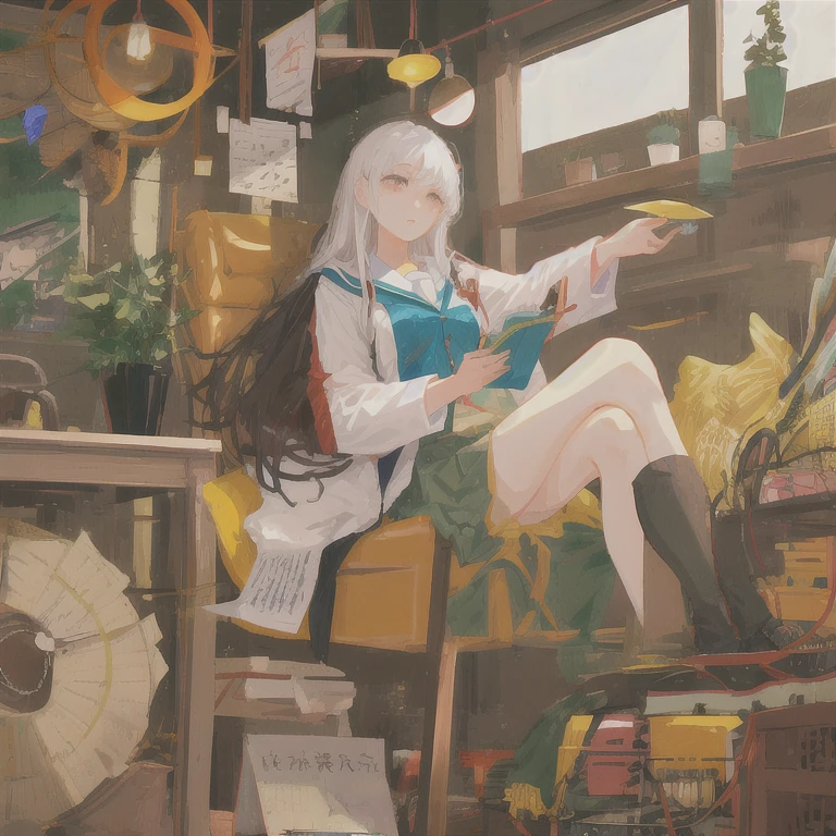 A serene setting: a shot of a confident Japanese woman,  in her mid-twenties sits comfortably At the desk with one majestic cat . , wearing a short skirt and a loose-fitting top that partially reveals her undergarments, White clothes, The atmosphere is cozy, filled with the soothing sound of music playing from a desk nearby. , Soft focus on her skin,Soft lighting illuminates the peaceful scene, as books and decorative items fill the room, creating a sense of calm., The ultra-wide-angle lens provides a wide perspective, emphasizing the vibrant colors and textures of the scene.