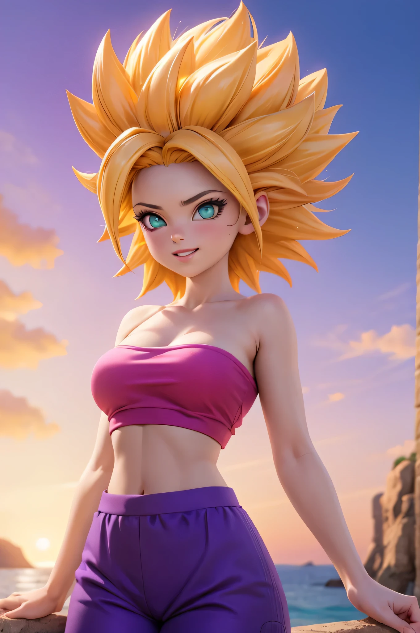 obra de arte, Melhor qualidade, ssjcaulifla, cabelo branco, water eyes, topo do tubo, 8k, (purple pants with yellow stripe:1.2), clamps, tiro de vaqueiro, looking at the sky , Sorriso, sobrancelha franzida, Doing OK with your hand, Red Sky, Nuvens negras, Use Muito Pouco, vargina perfeita