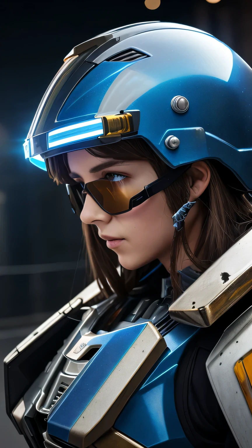 masterpiece, 最high quality, , (alone), 1 girl, look up, dim light, , horizon_(apex legend), goggles, blue eyes, brown hair, gauntlet, shoulder armor, (Mecha Helmet), (science_fiction), outdoor, street, neon light, cyber punk, masterpiece, 最high quality, high quality, High resolution, (((Portrait)))