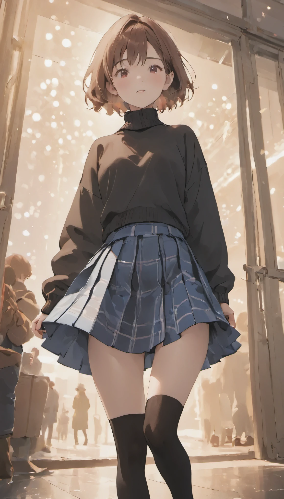 one girl、blush、embarrassed look、perfect anatomy、short bob、small breasts、(((turtleneck、skirt、black knee socks)))、((hair tousled by the wind、messy hair、broken hairstyle))、(((風でskirtがめくれる:1.3、red panties、cute ass)))、focus on the butt、professional lighting, film grain, chromatic aberration, (Eye and face details:1.0), (Bokeh:1.1)、software:1.5)))、 highest quality, 8K, 20talent