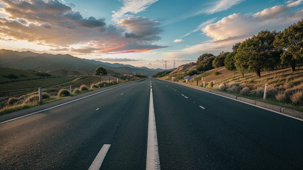 arafed road with a sky and clouds in the background, open road, color 高速公road, colorful scene, nice images, paved roads, 高速公road and sunset!!, Colorful clouds, 高速公road, stunning images, Scenic and colorful environment, with vibrant sky, road, on a road, beautiful sky, colorful sky, the road, 高速公roads, country road, colorful sky, accurate roads