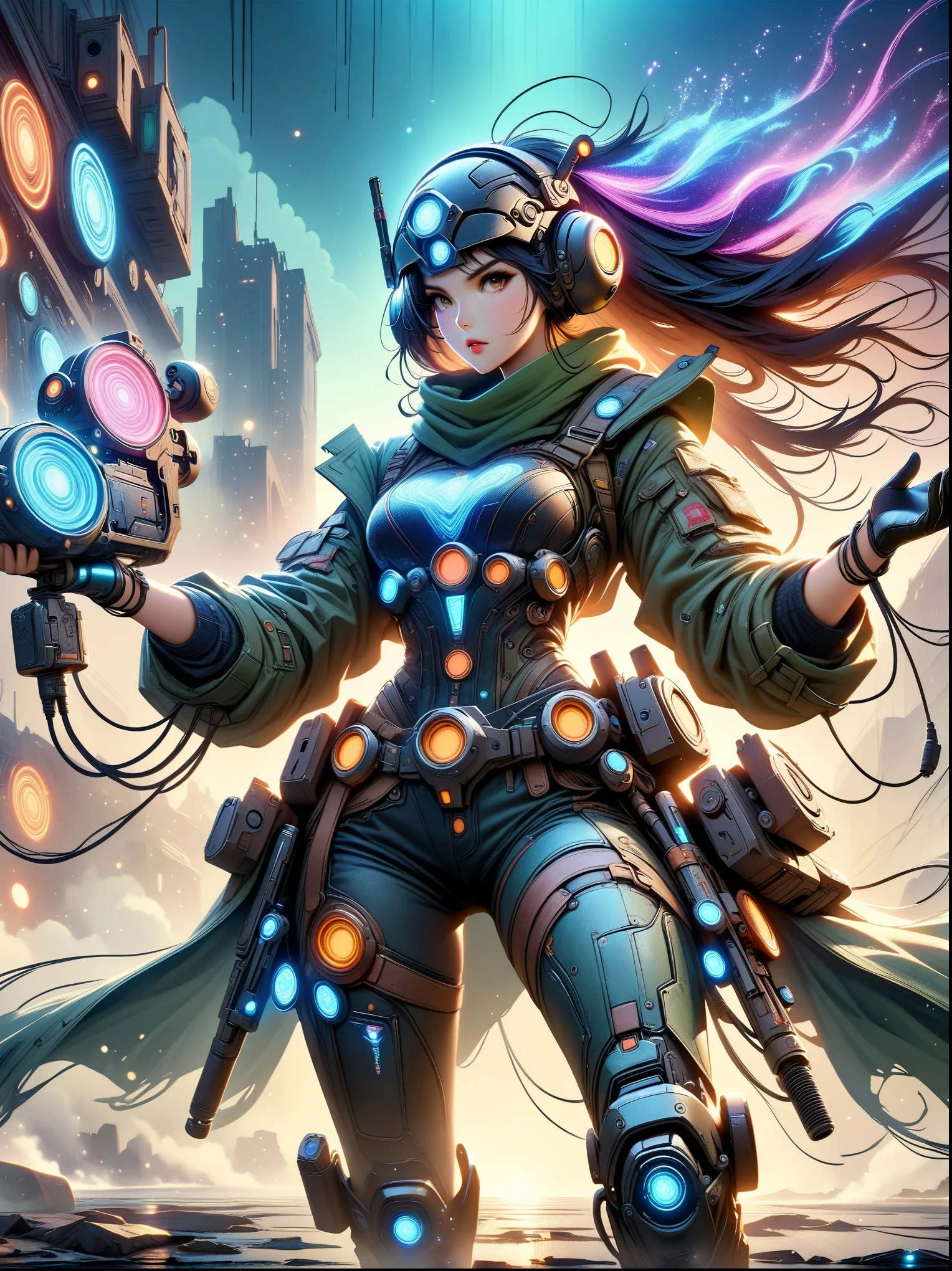 Best image quality,8K,High resolution,masterpiece,super detailed,actual,ultra high definition,studio lighting,Ultra-fine,Physical rendering,extremely detailed description,main,bright colors,female warrior,future,battlefield,steel体,Detailed mechanical parts,cable,gear,complicated,atmosphere,art station trend,Abnormal Art Trend Mechanized Body,complicated的细节,Neon lights surround,Complex and detailed machinery,Detailed facets,steel,Chrome alloy,polished metal,cable,piston,Servo motors,off white,weathered,dieselpunk,oil slick,electrically,fantasy
