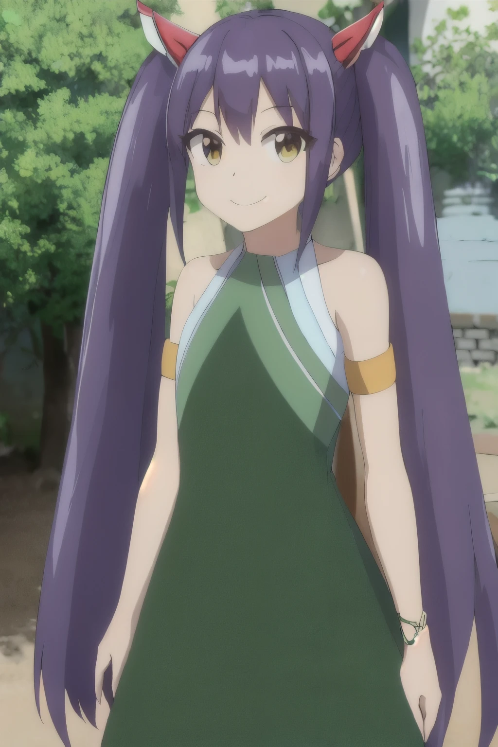 masterpiece, best quality, highres, aawendy, long hair, twintails, hair ornament, bare shoulders, green dress, sleeveless dress, armlet, bracelet, outdoors, standing, cowboy shot, smile,