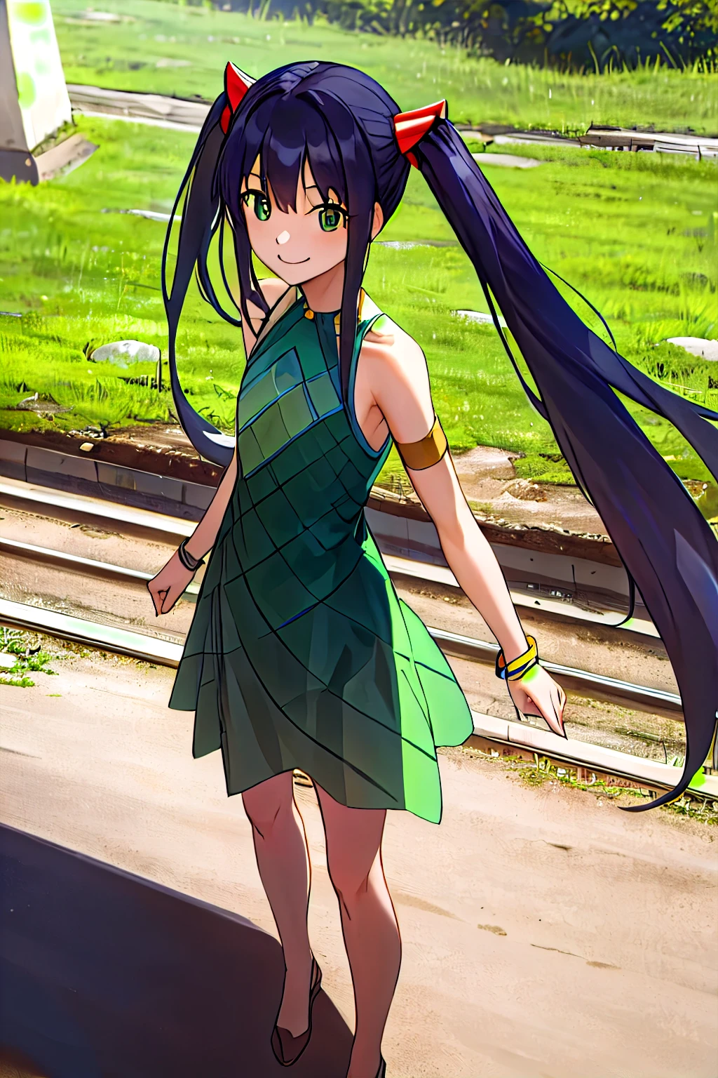 masterpiece, best quality, highres, aawendy, long hair, twintails, hair ornament, bare shoulders, green dress, sleeveless dress, armlet, bracelet, outdoors, standing, cowboy shot, smile,