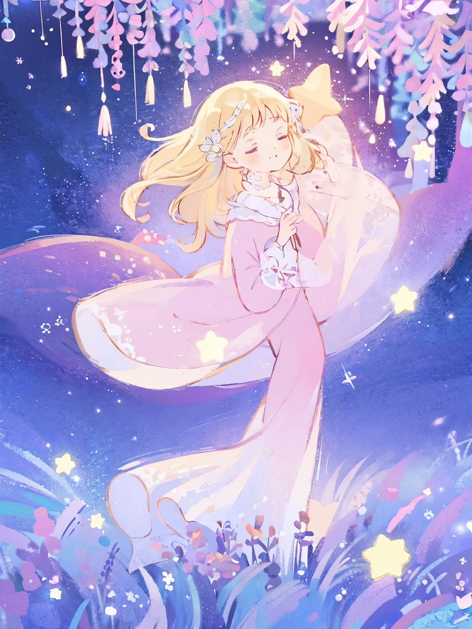 complex background, wishing star background, a woman wearing an ethereal mystical pink translucent dress that reflects the stars, perfume promo art, mystic, complex drawing, highly detailed, Covergirl brand, promo art, artistic rendition, ethereal, starry night, midjourney style, beautiful face, golden ratio