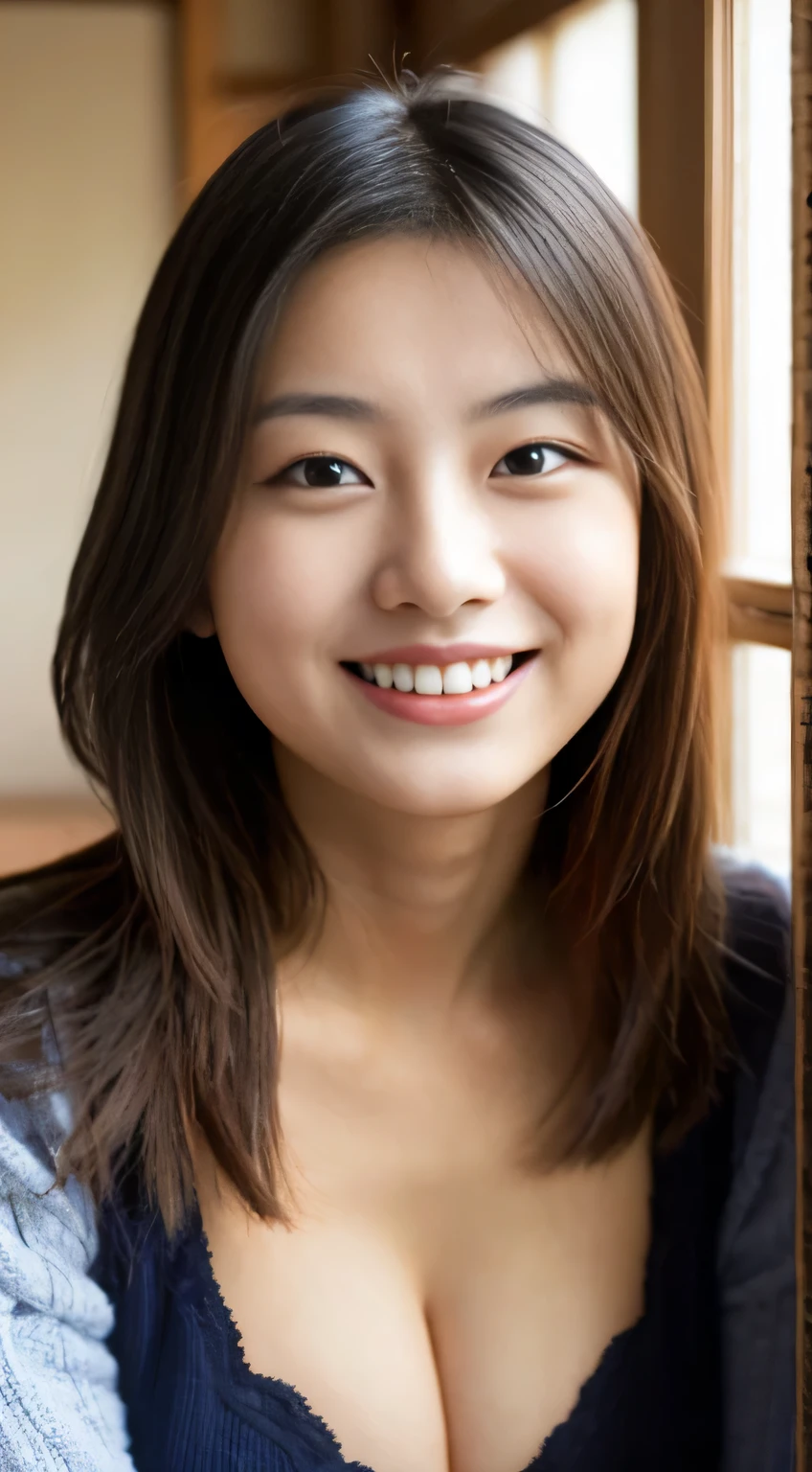 masterpiece,best quality,(Japanese ),((Beautiful girl)),cleavage,indoor,(perfect body beauty:1.2),(shy smile),beautiful teeth,