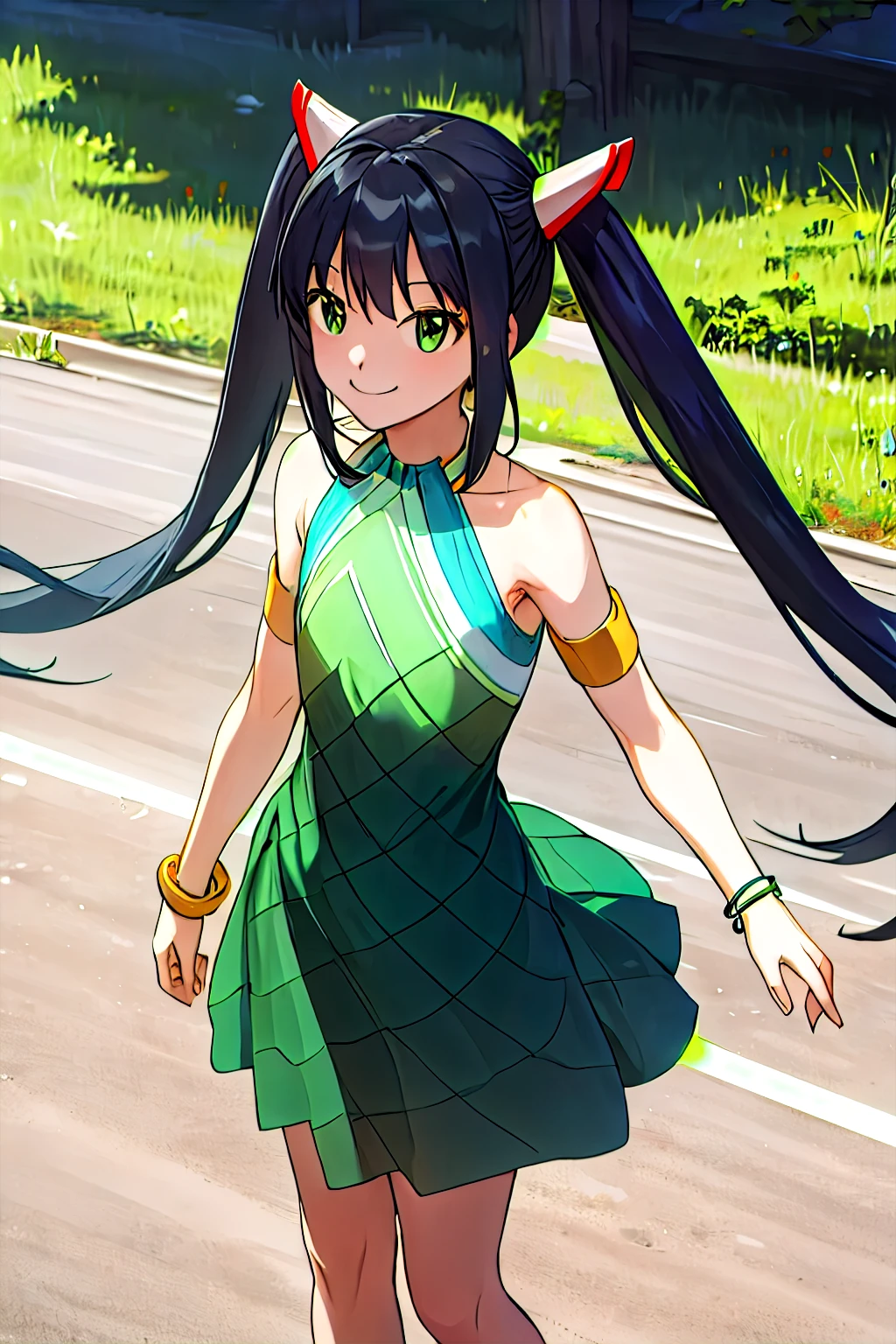 masterpiece, best quality, highres, aawendy, long hair, twintails, hair ornament, bare shoulders, green dress, sleeveless dress, armlet, bracelet, outdoors, standing, cowboy shot, smile,