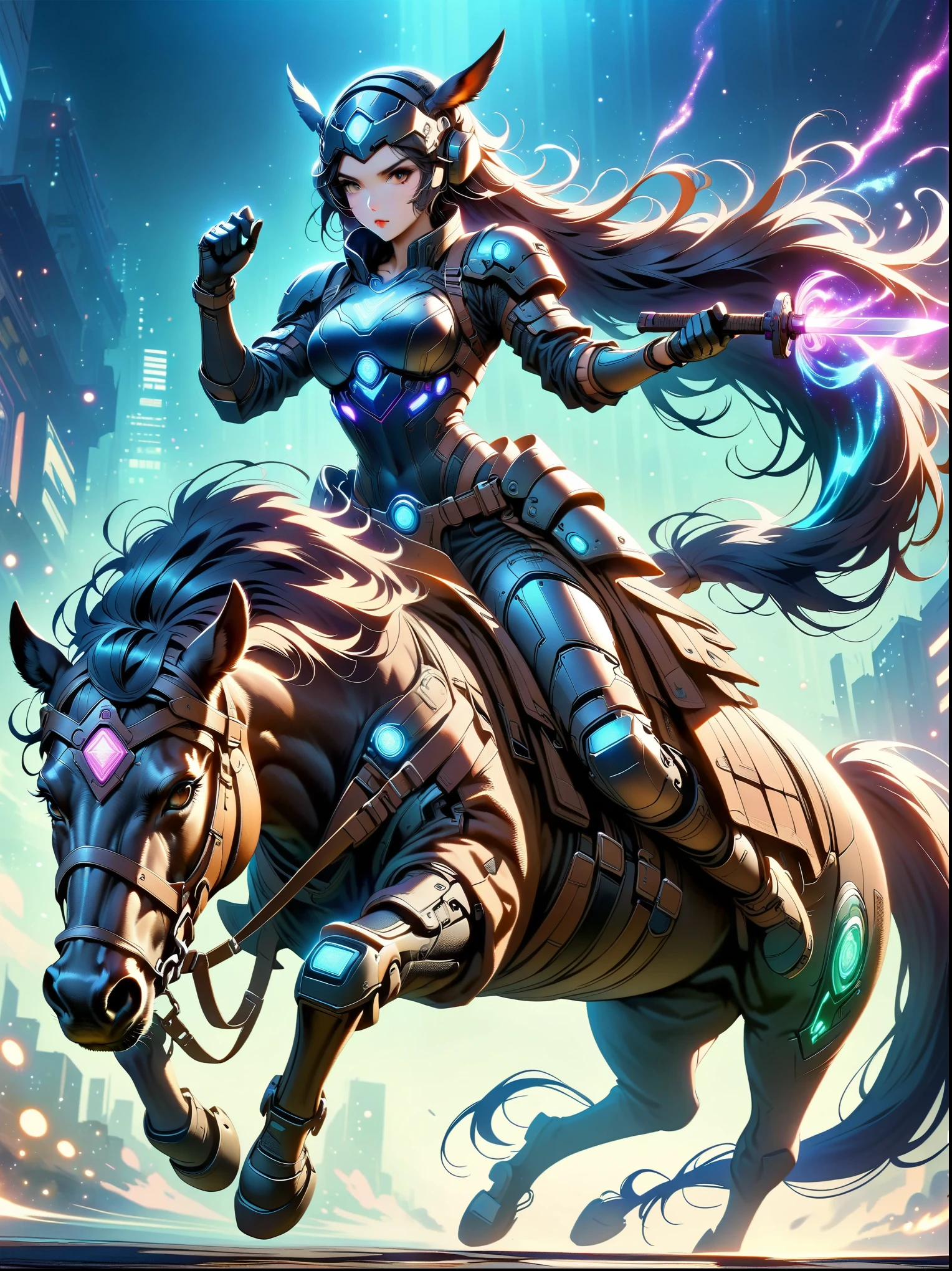 ((imagine)),((whole body)),Beautiful cyberpunk woman wearing dark blue Warring States armor, Riding a ghost horse, Mechanical arm holds a long knife, blue background, cyberpunk style, like style, anime aesthetics, (anatomically correct)