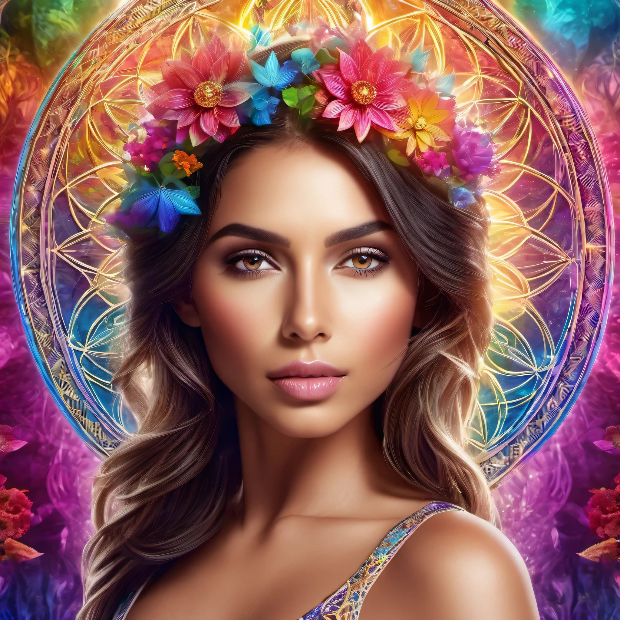 (best quality:1.2, high res, ultra-detailed, realistic:1.37), vibrant colors, 3D rendering, flower of life, intricate details,(( beautiful woman, Nina North style)), mesmerizing beauty, ethereal atmosphere, spiritual symbolism, sacred geometry, divine creation