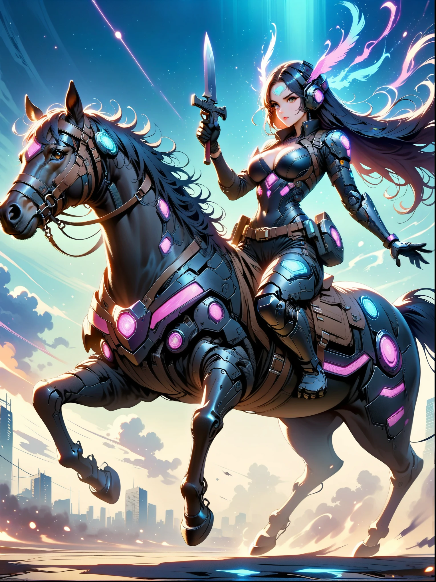 ((imagine)),((whole body)),Beautiful cyberpunk woman wearing dark blue Warring States armor, Riding a ghost horse, Mechanical arm holds a long knife, blue background, cyberpunk style, like style, anime aesthetics, (anatomically correct)