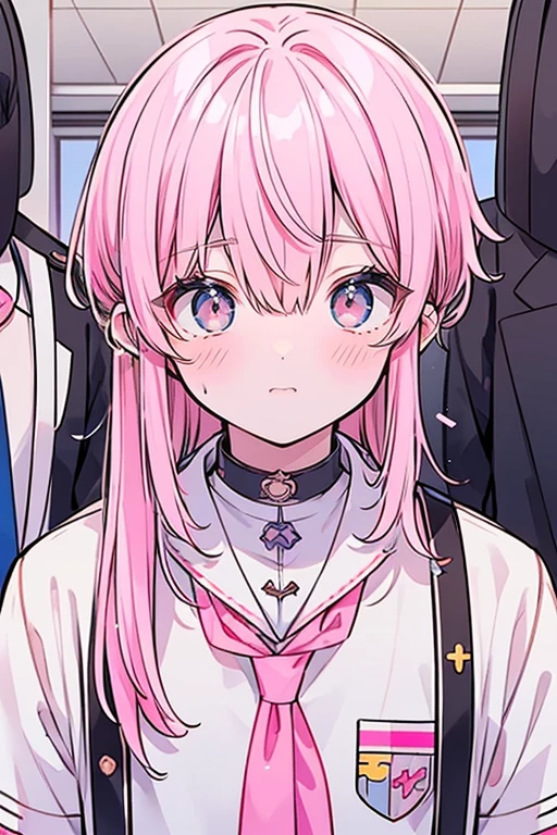 (muste piece), (best quality), very detailed, (((Two friendly high school boys:1.5))), perfect face, beautiful face, very detailed face,(white haired man:1.3),(pink haired man:1.3),School,classroom,student uniform,white uniform, tie,shirt