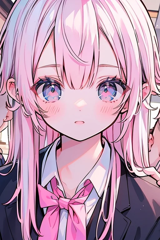 (muste piece), (best quality), very detailed, (((Two friendly high school boys:1.5))), perfect face, beautiful face, very detailed face,(white haired man:1.3),(pink haired man:1.3),School,classroom,student uniform,white uniform, tie,shirt