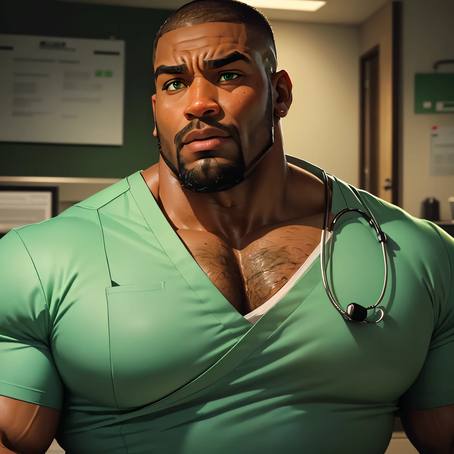 an exaggeratedly muscular and large bodyguard, beefy build, beard, dark-skinned african american male, surprised expression, buzzcut hair with square line, (wearing green nurse scrubs: 1.2), (bara pecs: 1.3), (arm and chest hair: 1.1), close-up portrait HD, (doctor's office)