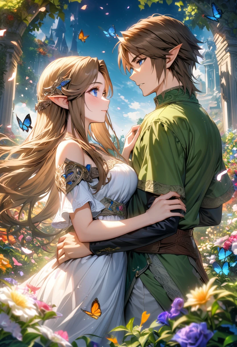 absurdres, highres, ultra detailed, HDR), masterpiece, vibrant blue eyes, Link, dark brown short hair, hair between the eyes, green tunic, The legend of zelda twilight princess, Princess Zelda, dark brown long hair, purple and white dress, a handsome man together with a beautiful woman, couple, elf, flower garden, butterflies, petals