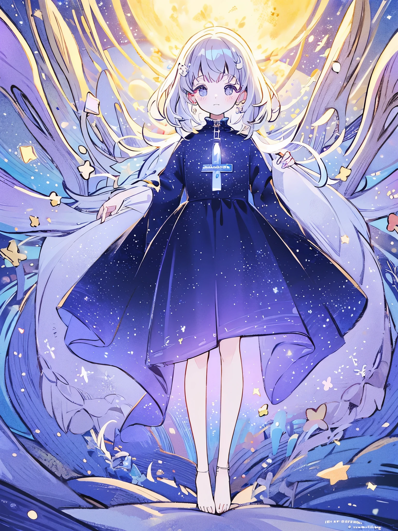 complex background, wishing star background, woman wearing an ethereal mystical traslucent dress that reflects the stars , perfume promo art, mystic, complex drawing, highly detailed, Covergirl brand, promo art, artistic rendition, ethereal, starry night, midjourney style