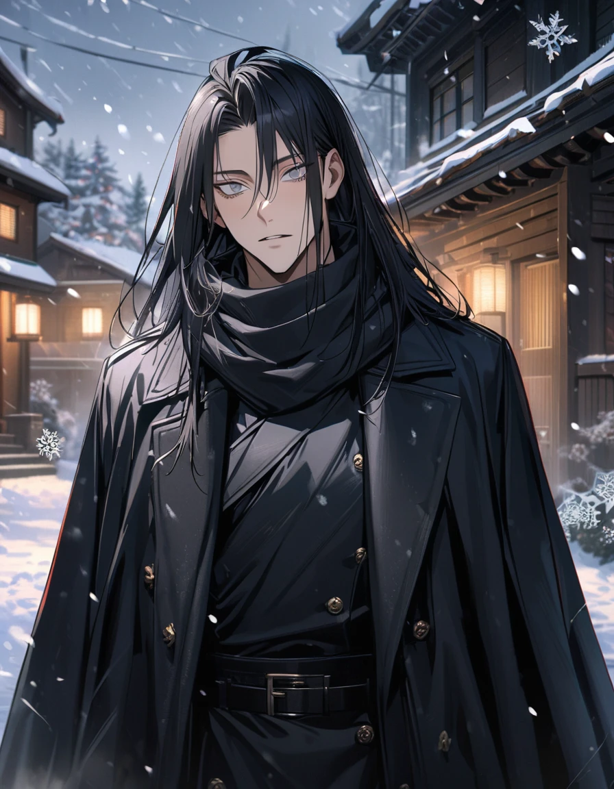 4k, very detailed, hd, Yuya, black straight hair, grey eyes, black long coat, black scarf, Jujutsu Kaisen, snowing, snowflakes, house, handsome, 1 man only,