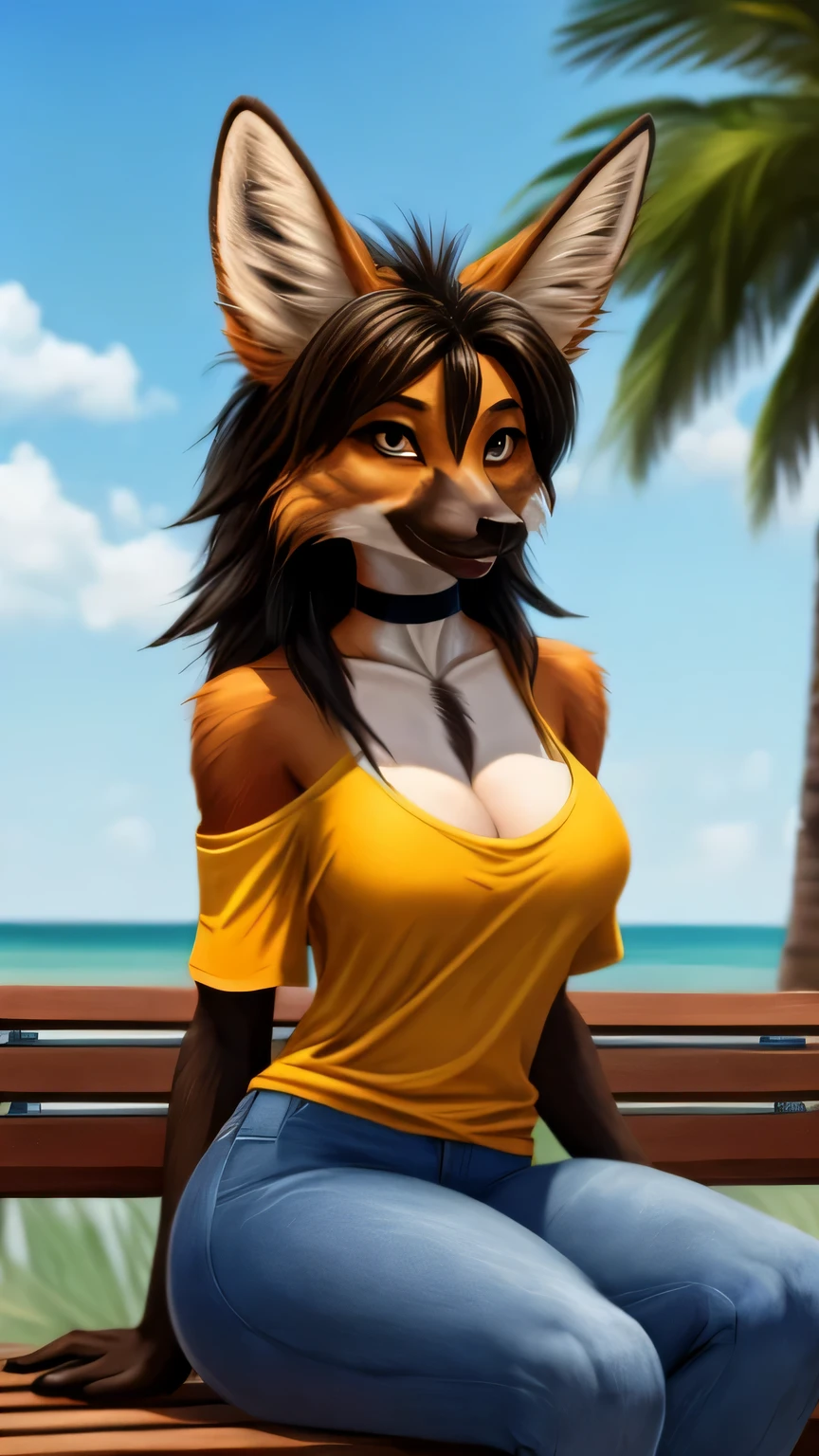 Maned wolf, female, off-shoulder top, choker, brunette, jeans, thick thighs, wide hips, small waist, tall, busty, toned figure, cleavage, sitting on a bench, (anthro furry:1.3, snout:1.2, anthro:1.3, furry:1.2, female:1.2, maned wolf tail) (florida background) adorable, feminine, extremely detailed, Cinematic, captivating (perfect posture, kind expression)