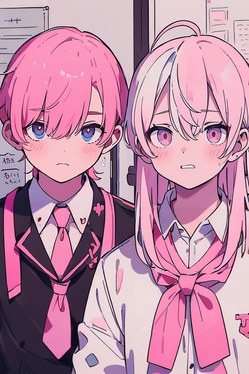 (muste piece), (best quality), very detailed, (((Two friendly high school boys:1.5))), perfect face, beautiful face, very detailed face，(white haired man:1.3)，(pink haired man:1.3)，School，classroom，student uniform，white uniform, tie，shirt