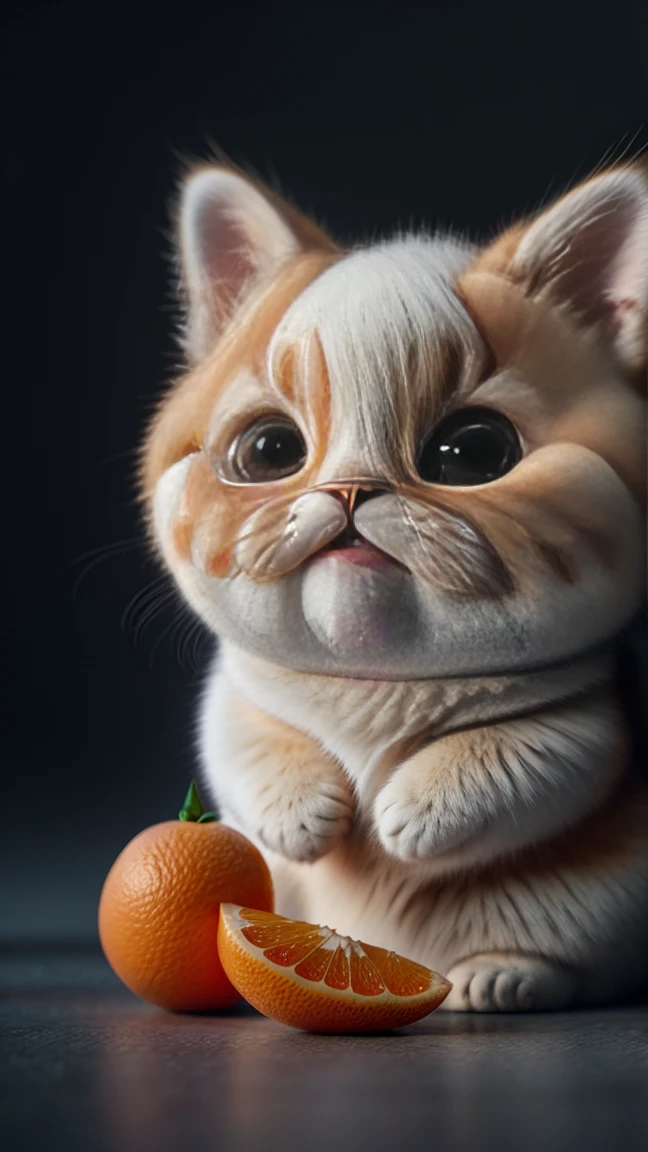 Cat, tangerine, fat, 加菲Cat, No_Humanity, depth of field, disney style, dark_gorgeous, wearing drk_gorgeous, deep shadow, (dark: 1.4), (8K, original photo, best quality, masterpiece: 1.2), Big happy expression in mouth