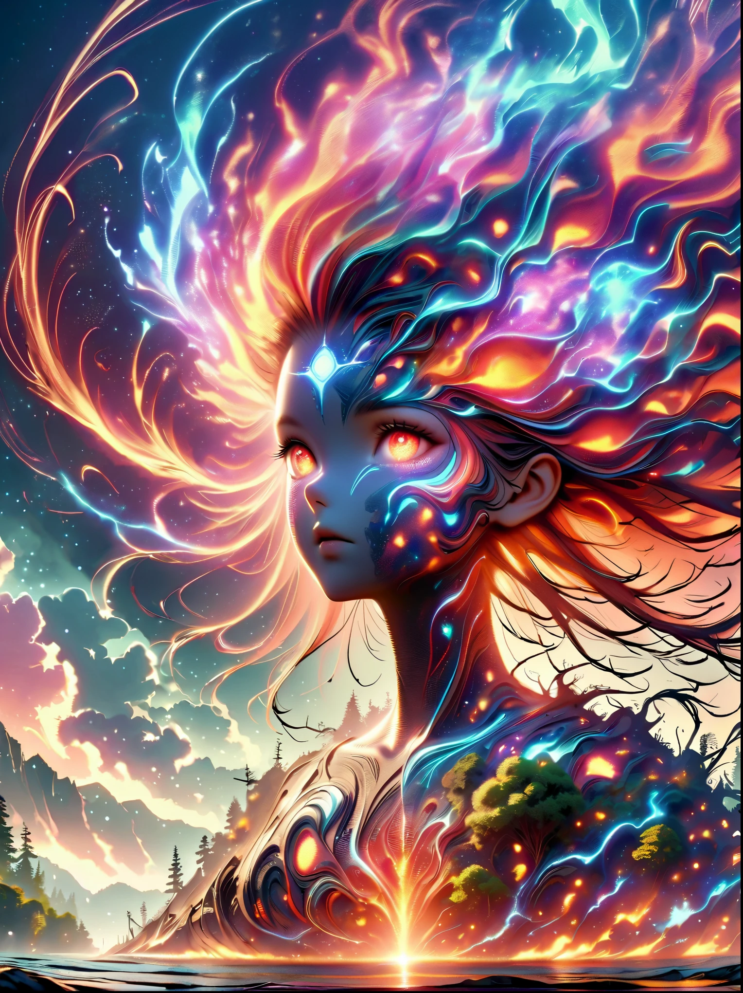 epic disaster scene，Depicts an alien star invasion that plunges a river into chaos. reception, Silhouette of a man standing, His eyes were fixed on the starry sky above his head, In a forest engulfed in flames. The clouds above are hovering together, forming a huge eye shape. In the center of this eye, A radiant star comes, Symbolizing the fusion of heaven and earth. The contrast between fiery red and deep black clouds，dominates the scene, Reflecting warm and cool tones. This depiction provides a sense of space fragmentation and a sci-fi atmosphere, create a mixed style，instill a sense of fear and fascination.