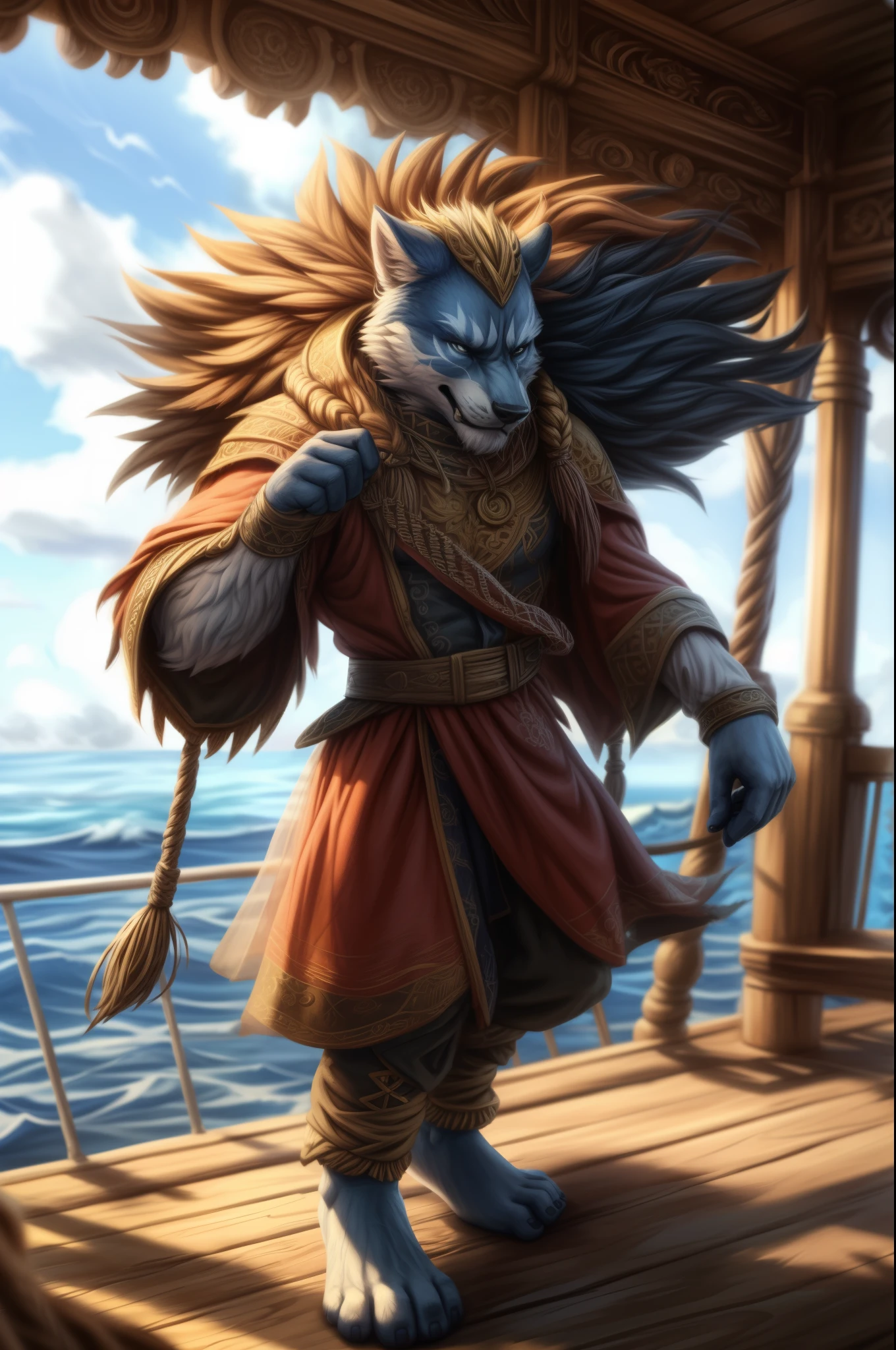 (((Barefoot furry character, full body, cinematic setting, male))) 

Masquerading as a man with a reason.
My charade is the event of the season
and if I claim to be a wise man, well
it surely means that I don't know.

On a stormy sea of moving emotion
tossed about I'm like a ship on the ocean.
I set a course for winds of fortune,
but I hear the voices say:

(Carry on my wayward son.)
(There'll be peace when you are done.)
(Lay your weary head to rest.)
(Don't you cry no more.)

BREAK, detailed background, 8K, (masterpiece:1.5), intricate details, highly detailed, extreme detail, octane render, fine art, best quality, highres, (detailed face:1.5), ((full_body)), UHD, (((perfect hands)))