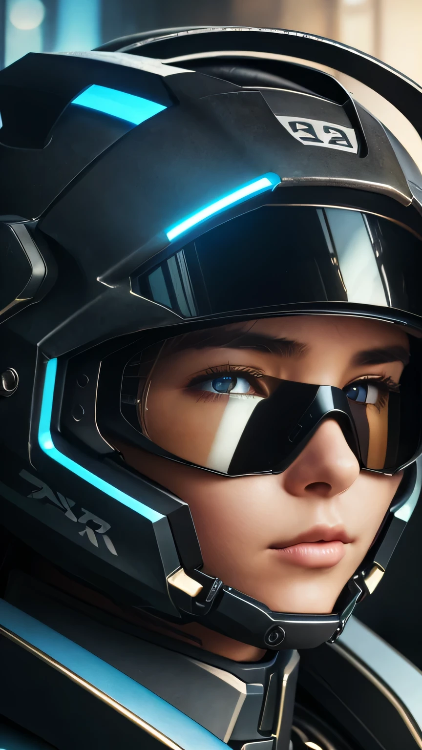 masterpiece, 最high quality, , (alone), 1 girl, look up, dim light, , horizon_(apex legend), goggles, blue eyes, brown hair, gauntlet, shoulder armor, (Mecha Helmet), (science_fiction), outdoor, street, neon light, cyber punk, masterpiece, 最high quality, high quality, High resolution, (((close up of face)))