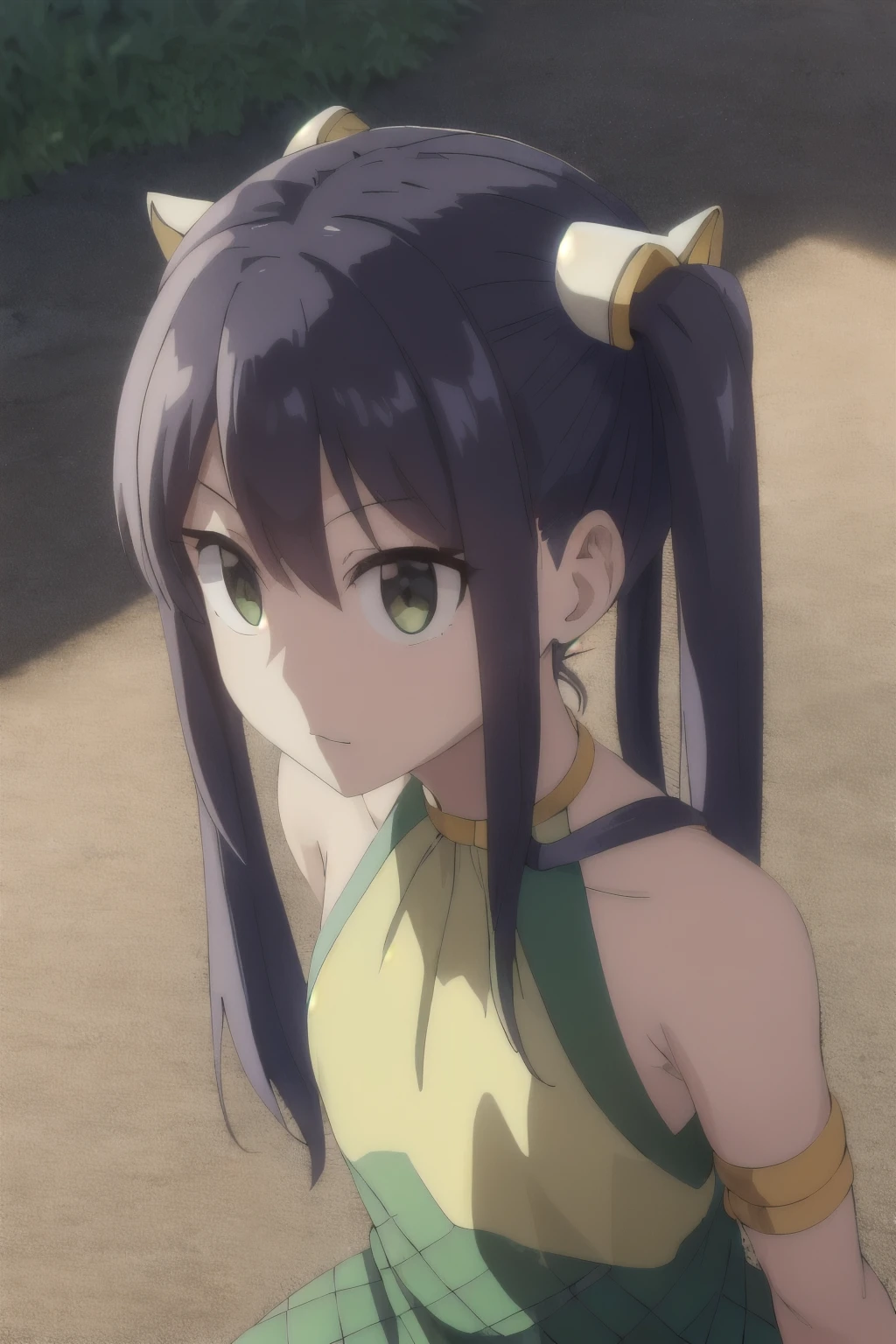 (masterpiece, best quality:1.2), extremely detailed, soft ambient lighting, sharp focus, 4K, BREAK 1girl, solo, aawendy, long hair, twintails, hair ornament, bare shoulders, green dress, sleeveless dress, armlet, bracelet, BREAK outdoors, nature, field, looking at viewer, sitting on floor, from above tetas con una altura de 2 y 1.0 centimeters y un grosor de 1.0 centimeters