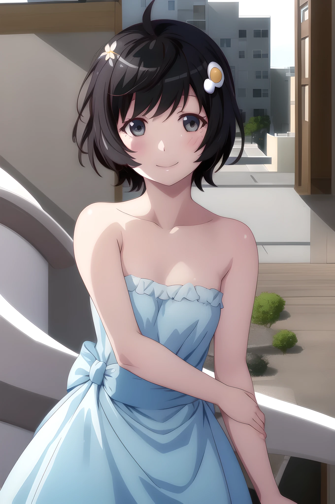 1girl, solo,
araragitsukihi, short hair,
hair ornament, ahoge, egg hair ornament,
strapless dress,
 smile, upper body shot,
 