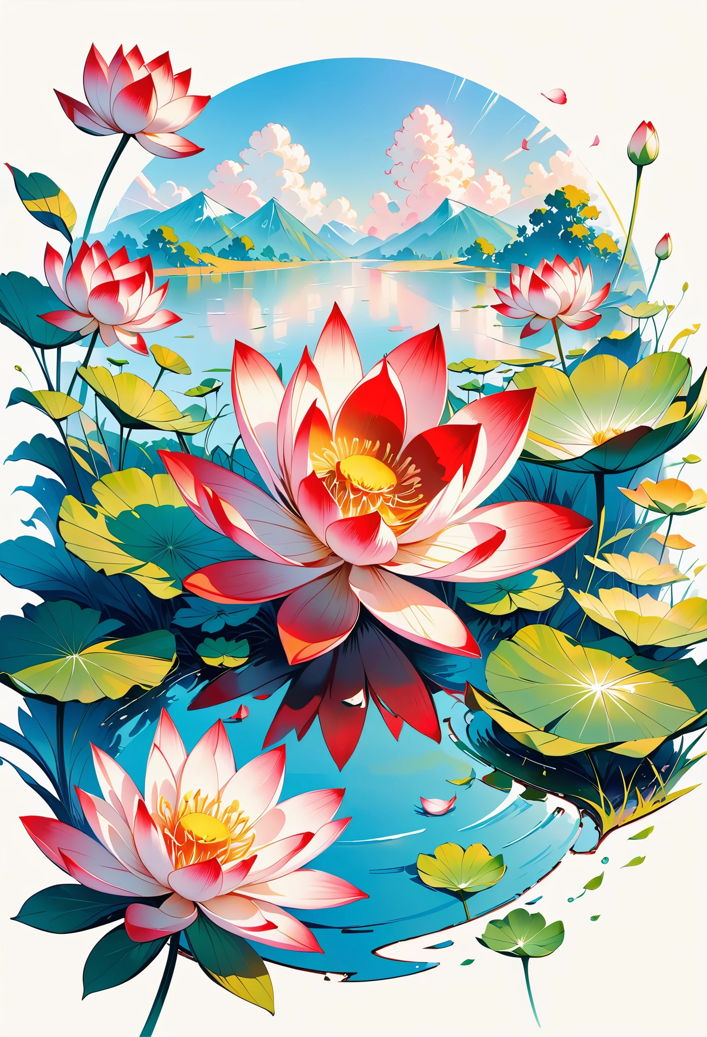 (best quality,4K,8K,high resolution,masterpiece:1.2),simple narrative,abstract，artistic conception，Broken lotus pond，Vector Graphics,Simple design tips,minimalist,pastel color palette,Carefully chosen color schemes to highlight key points,Bold and simple composition,Use white space strategically.
