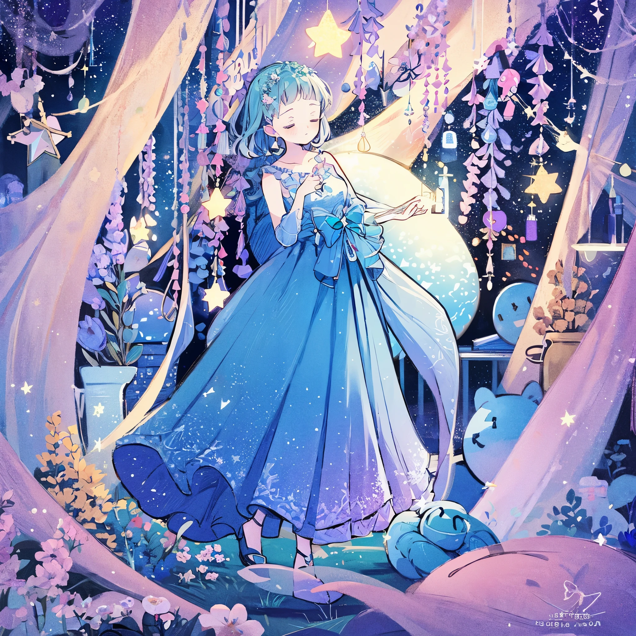 complex background, wishing star background, woman inside of the bottle wearing a ethereal mystical pink traslucent dress that reflects the stars , perfume promo art, mystic,complex drawing, highly detailed, Covergirl brand, promo art,a woman inside of a perfume bottle. artistic rendition, ethereal, starry night, midjourney style