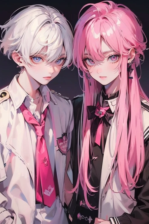 (muste piece), (best quality), very detailed, (((Two friendly high school boys:1.5))), perfect face, beautiful face, very detailed face，(white haired man:1.3)，(pink haired man:1.3)，School，classroom，student uniform，white uniform, tie，shirt
