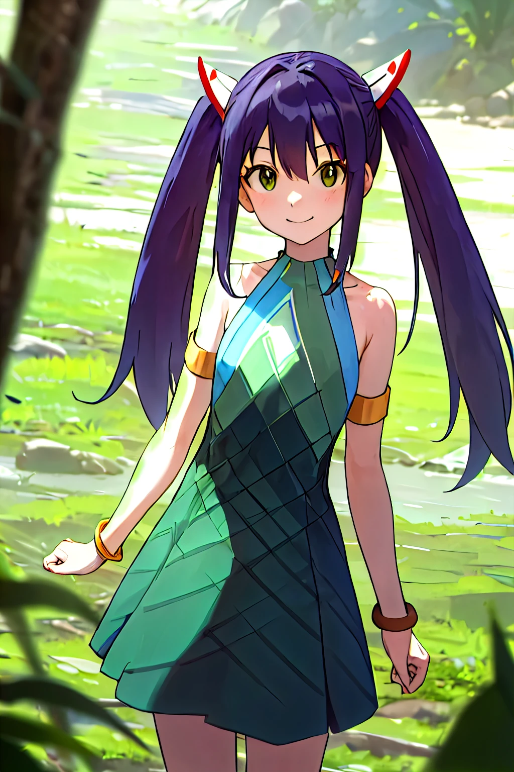 masterpiece, best quality, highres, aawendy, long hair, twintails, hair ornament, bare shoulders, green dress, sleeveless dress, armlet, bracelet, outdoors, standing, cowboy shot, smile, tetas con una altura de 2 y 1.0 centimeters y un grosor de 1.0 centimeters