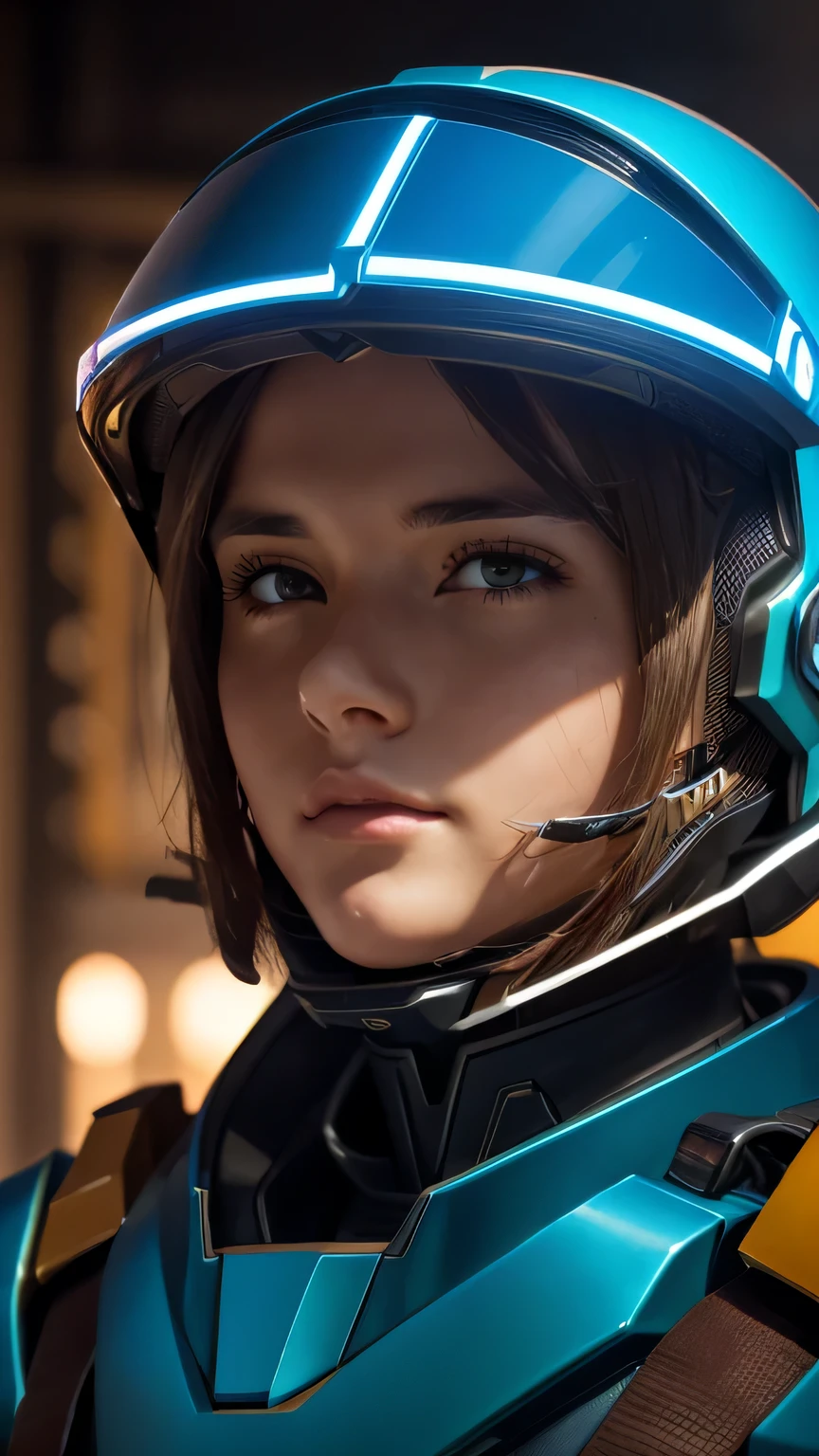 masterpiece,  最high quality, , (alone), 1 girl, look up, dim light, , horizon_(apex legend), goggles, blue eyes, brown hair, gauntlet, shoulder armor,  (Mecha Helmet), (science_fiction), outdoor, street, neon light, cyber punk, masterpiece, 最high quality, high quality, High resolution, (((close up of face)))