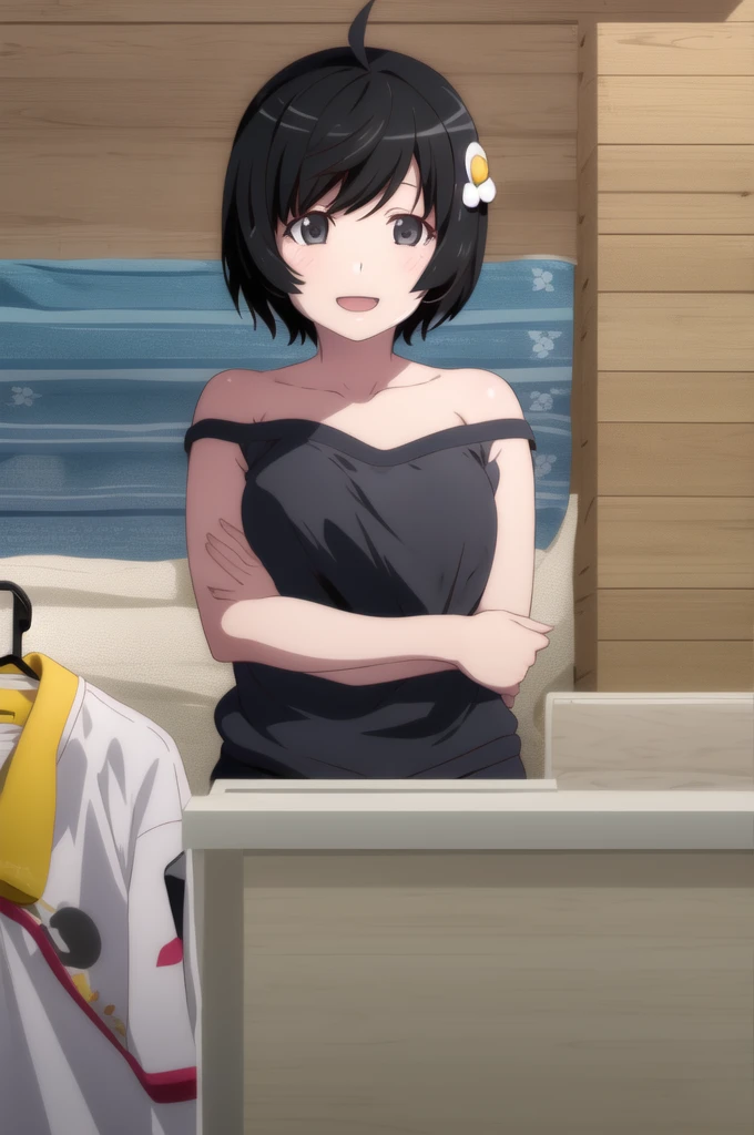 1girl, solo,
araragitsukihi, short hair,
hair ornament, ahoge, egg hair ornament,
strapless sweatshirt
smile, upper body shot,