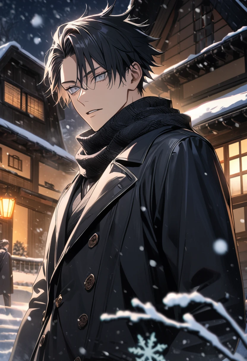 4k, very detailed, hd, Yuya, black straight short hair, grey eyes, black long coat, black scarf, Jujutsu Kaisen, snowing, snowflakes, house, handsome, 1 man only,