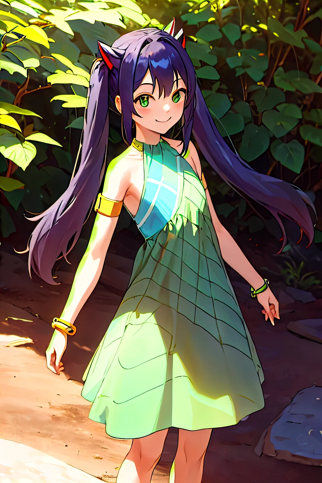 masterpiece, best quality, highres, aawendy, long hair, twintails, hair ornament, bare shoulders, green dress, sleeveless dress, armlet, bracelet, outdoors, standing, cowboy shot, smile, tetas con una altura de 2 y 1.0 centimeters y un grosor de 1.0 centimeters