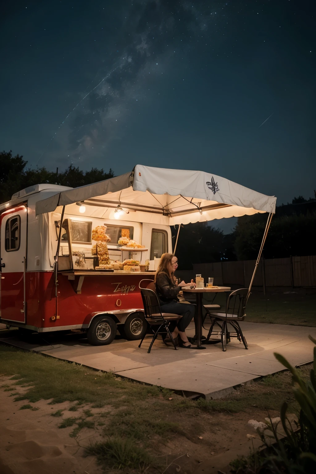 create an Advertising image perfect and realistic realistic photo of an x burger on Italian bread, I want it in a square with a trailer in the background, on a starry night, with a cozy trailer in the background with vintage chairs, red trailer